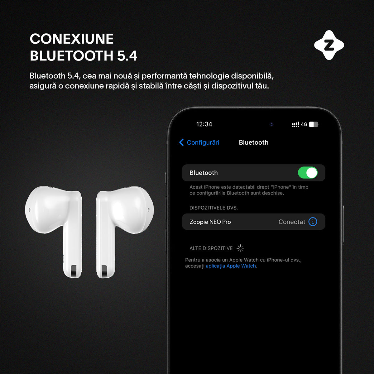 Casti wireless cu noise cancelling, Zoopie®, ANC & ENC, Casti Bluetooth 5.4, fara fir, in ear, audio Hi-Fi, bass, microfon HD dual, handsfree, moduri ANC & Transparency & Gaming, sport, telefon universal, control touch, afisaj LED, NEO Pro, negru (Copy)