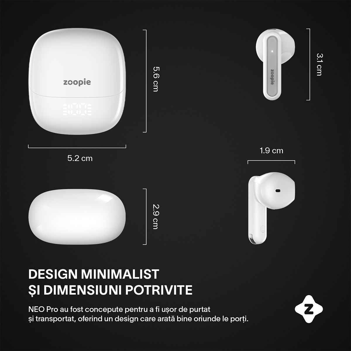 Casti wireless cu noise cancelling, Zoopie®, ANC & ENC, Casti Bluetooth 5.4, fara fir, in ear, audio Hi-Fi, bass, microfon HD dual, handsfree, moduri ANC & Transparency & Gaming, sport, telefon universal, control touch, afisaj LED, NEO Pro, negru (Copy)