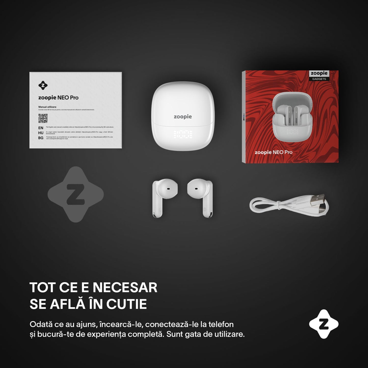Casti wireless cu noise cancelling, Zoopie®, ANC & ENC, Casti Bluetooth 5.4, fara fir, in ear, audio Hi-Fi, bass, microfon HD dual, handsfree, moduri ANC & Transparency & Gaming, sport, telefon universal, control touch, afisaj LED, NEO Pro, negru (Copy)