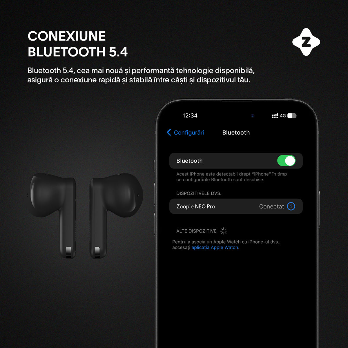 Casti wireless cu noise cancelling, Zoopie®, ANC & ENC, Casti Bluetooth 5.4, fara fir, in ear, audio Hi-Fi, bass, microfon HD dual, handsfree, moduri ANC & Transparency & Gaming, sport, telefon universal, control touch, afisaj LED, NEO Pro, negru