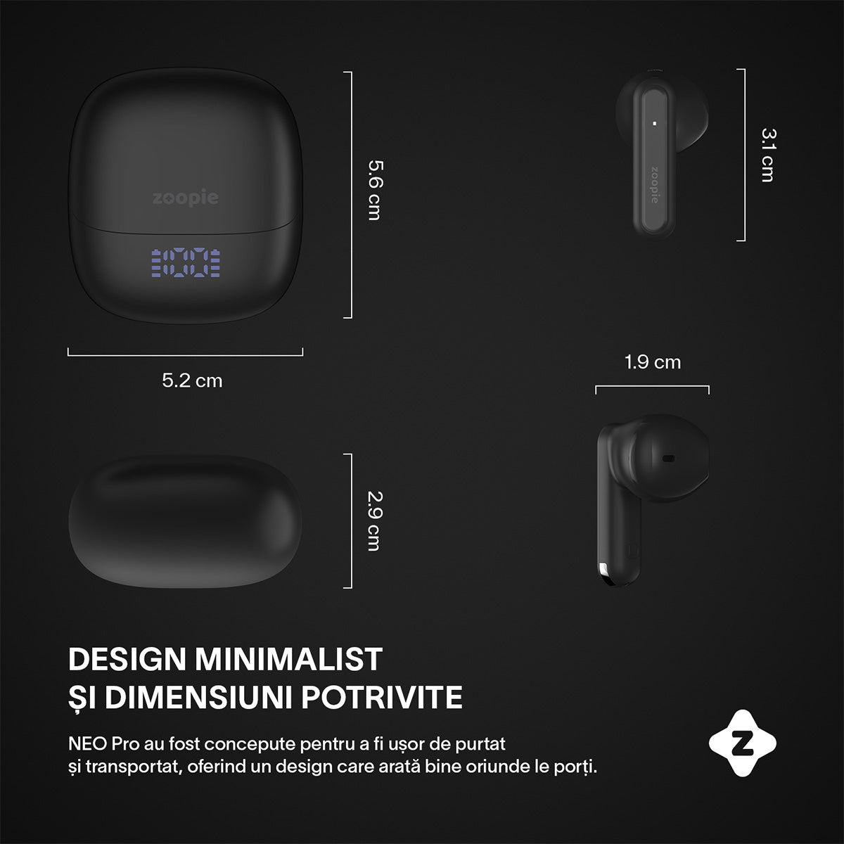 Casti wireless cu noise cancelling, Zoopie®, ANC & ENC, Casti Bluetooth 5.4, fara fir, in ear, audio Hi-Fi, bass, microfon HD dual, handsfree, moduri ANC & Transparency & Gaming, sport, telefon universal, control touch, afisaj LED, NEO Pro, negru