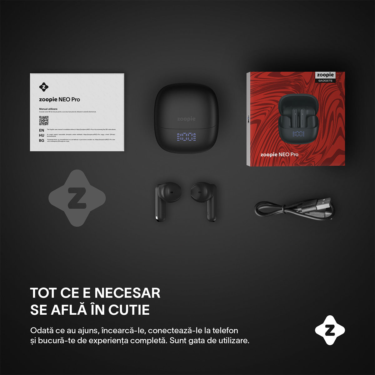 Casti wireless cu noise cancelling, Zoopie®, ANC & ENC, Casti Bluetooth 5.4, fara fir, in ear, audio Hi-Fi, bass, microfon HD dual, handsfree, moduri ANC & Transparency & Gaming, sport, telefon universal, control touch, afisaj LED, NEO Pro, negru