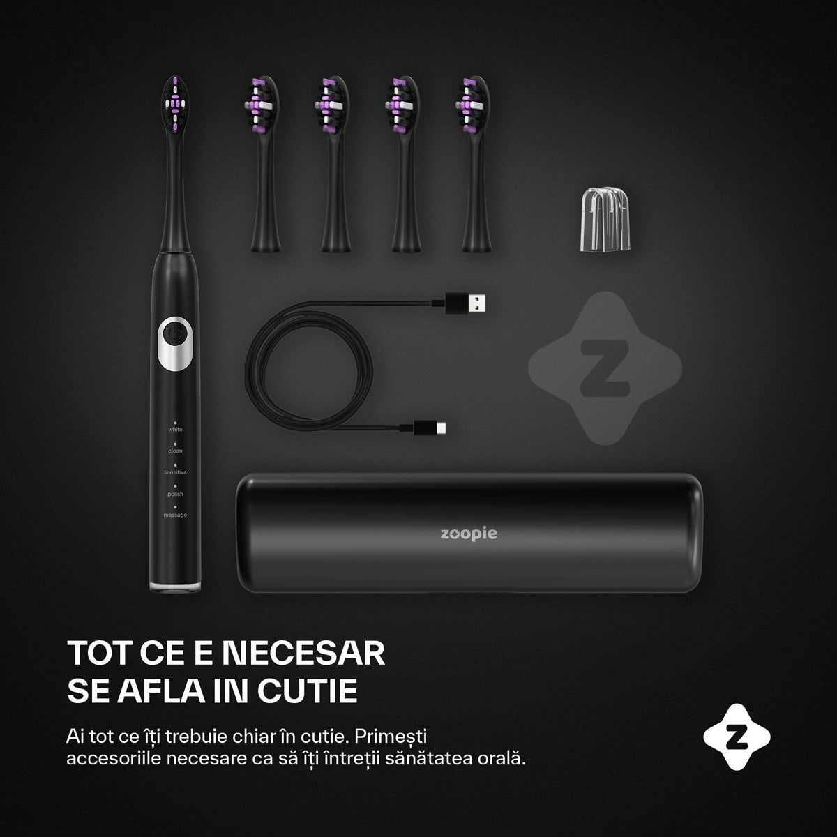 Periuta electrica Zoopie® SEAGO, periuta de dinti electrica sonica pentru adulti si copii, perie de dinti electrica, 40.000 pulsatii/min, 5 programe dentare, indicator LED baterie, smart timer, USB-C, IPX7, 5 capete, etui de calatorie, Negru
