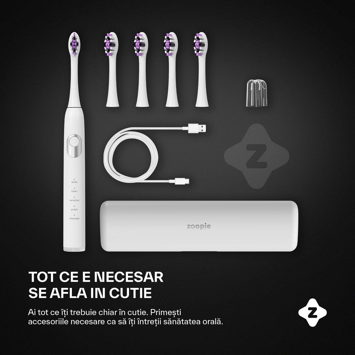 Periuta electrica Zoopie® SEAGO, periuta de dinti electrica sonica pentru adulti si copii, perie de dinti electrica, 40.000 pulsatii/min, 5 programe dentare, indicator LED baterie, smart timer, USB-C, IPX7, 5 capete, etui de calatorie, Alb