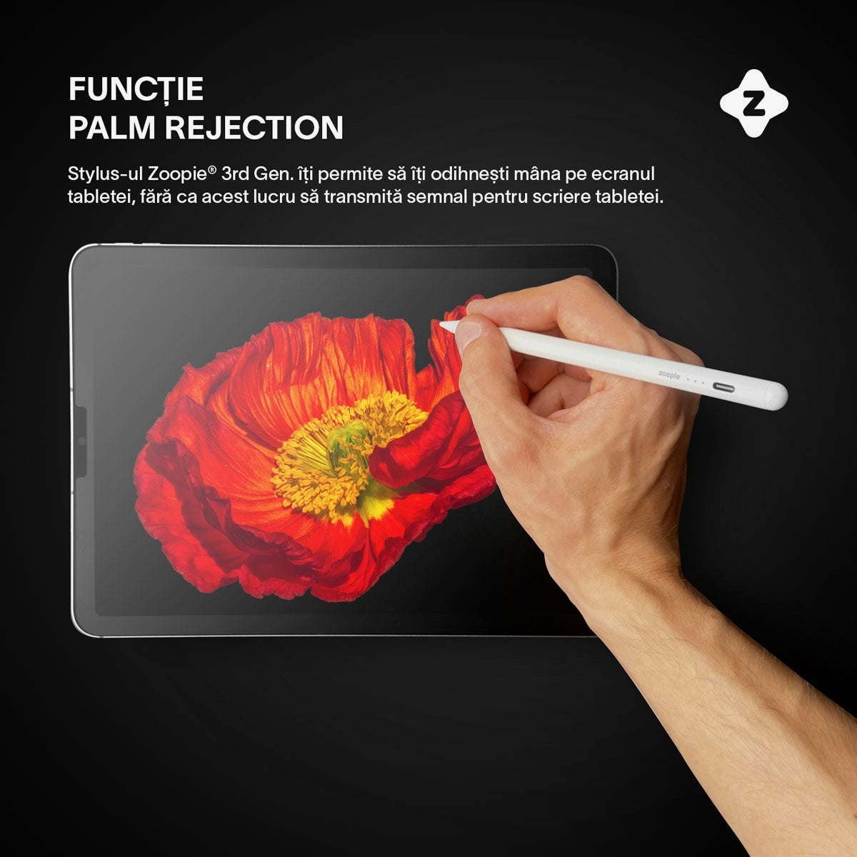 Stylus iPad Pen, Zoopie®, Pix pentru tableta iPad Apple 2018-2026, Profesional, Penite anti-zgarieturi, functie Palm Rejection, Tilt, Lag-Free, Magnetic, USB-C, Alb