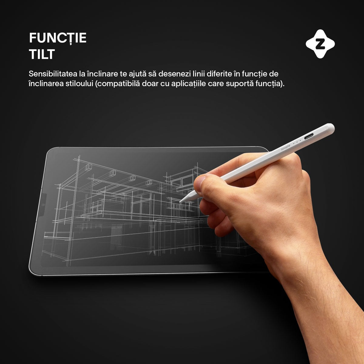 Stylus iPad Pen, Zoopie®, Pix pentru tableta iPad Apple 2018-2026, Profesional, Penite anti-zgarieturi, functie Palm Rejection, Tilt, Lag-Free, Magnetic, USB-C, Alb