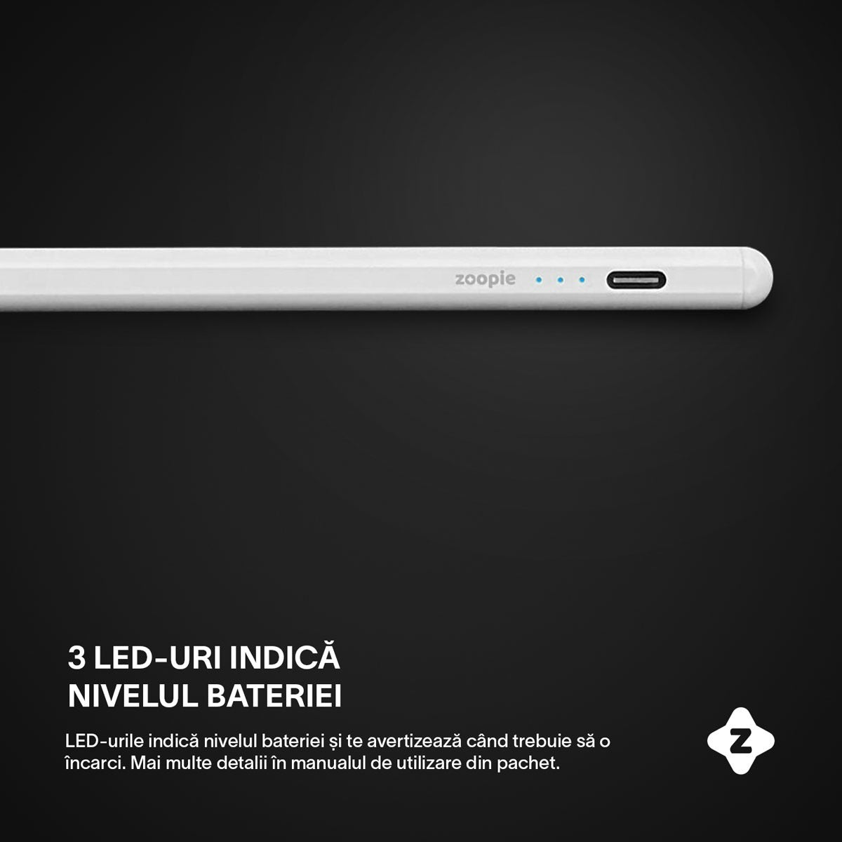 Stylus iPad Pen, Zoopie®, Pix pentru tableta iPad Apple 2018-2026, Profesional, Penite anti-zgarieturi, functie Palm Rejection, Tilt, Lag-Free, Magnetic, USB-C, Alb