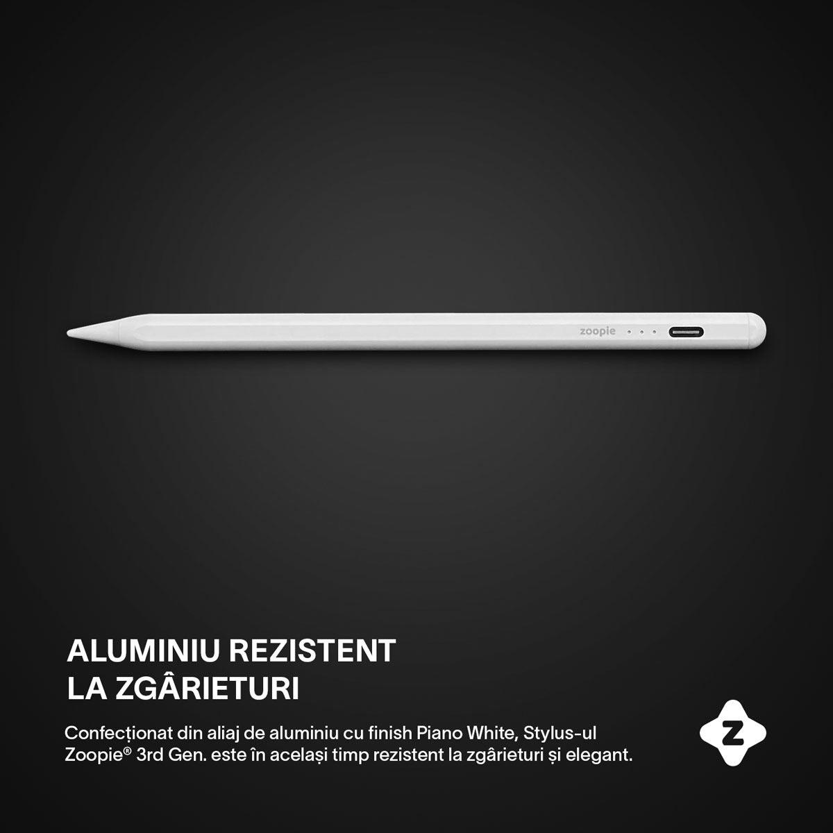 Stylus iPad Pen, Zoopie®, Pix pentru tableta iPad Apple 2018-2026, Profesional, Penite anti-zgarieturi, functie Palm Rejection, Tilt, Lag-Free, Magnetic, USB-C, Alb