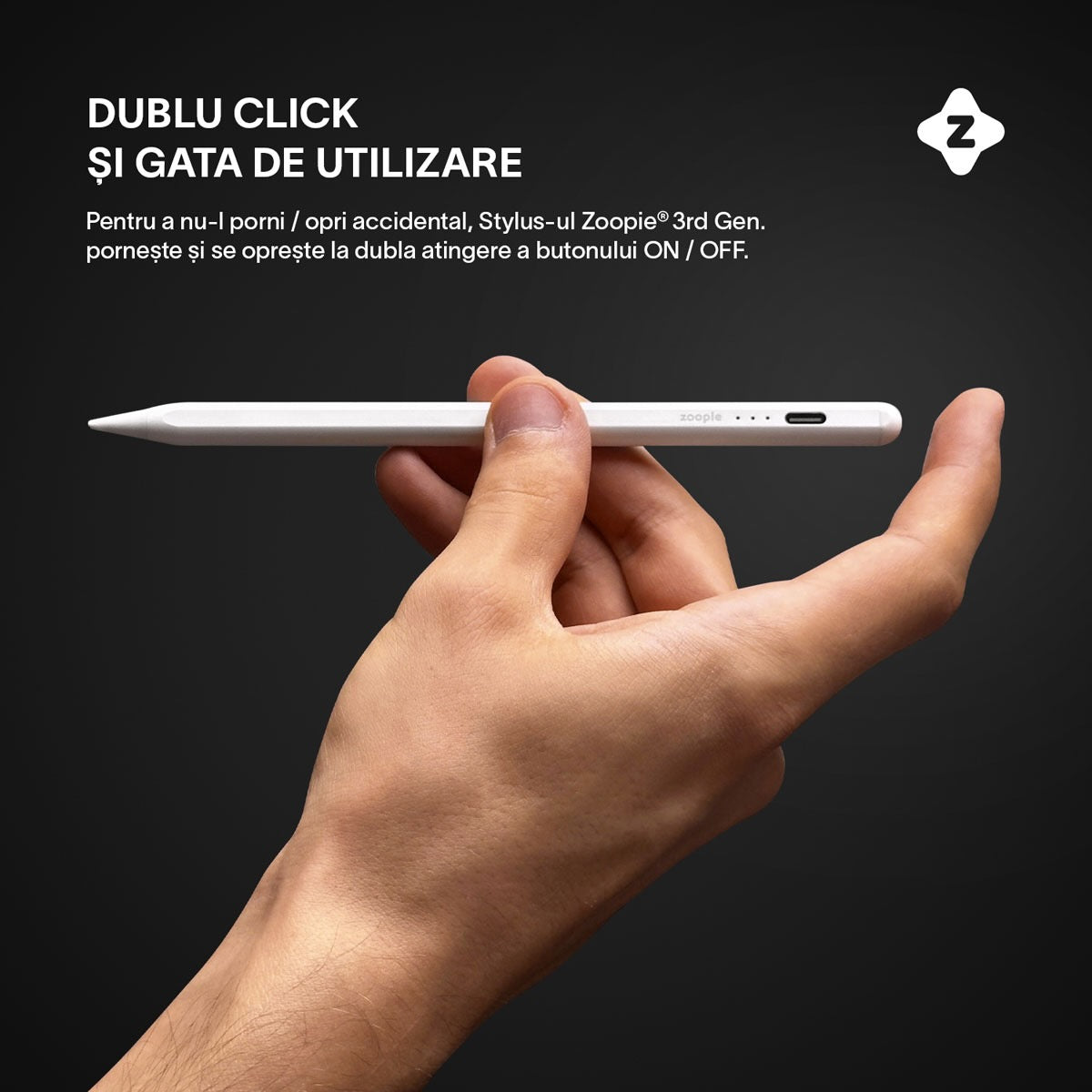 Stylus iPad Pen, Zoopie®, Pix pentru tableta iPad Apple 2018-2026, Profesional, Penite anti-zgarieturi, functie Palm Rejection, Tilt, Lag-Free, Magnetic, USB-C, Alb