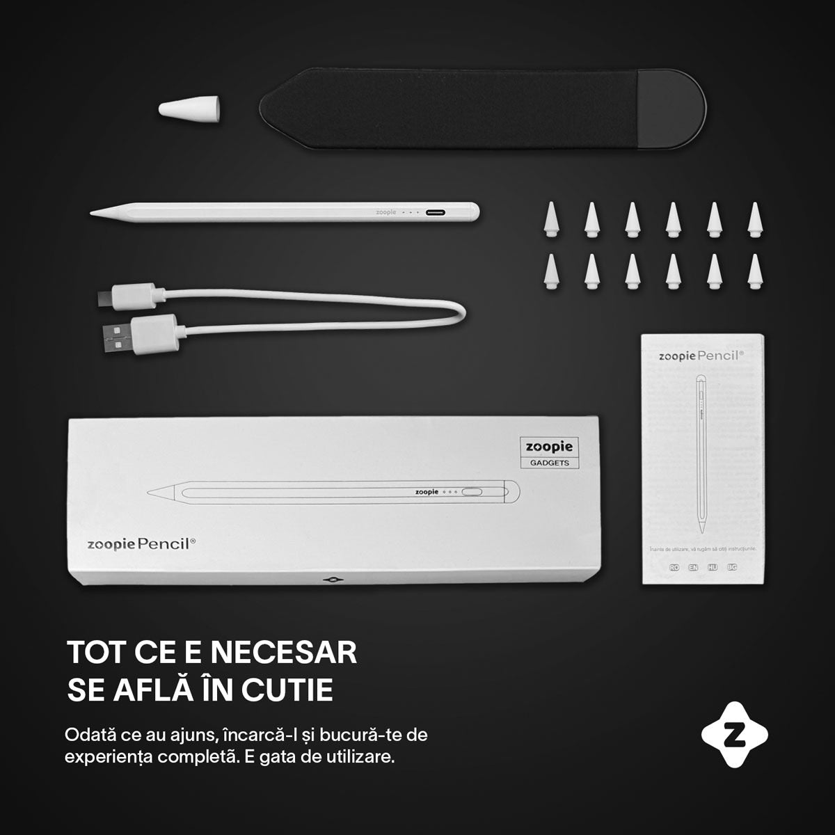 Stylus iPad Pen, Zoopie®, Pix pentru tableta iPad Apple 2018-2026, Profesional, Penite anti-zgarieturi, functie Palm Rejection, Tilt, Lag-Free, Magnetic, USB-C, Alb