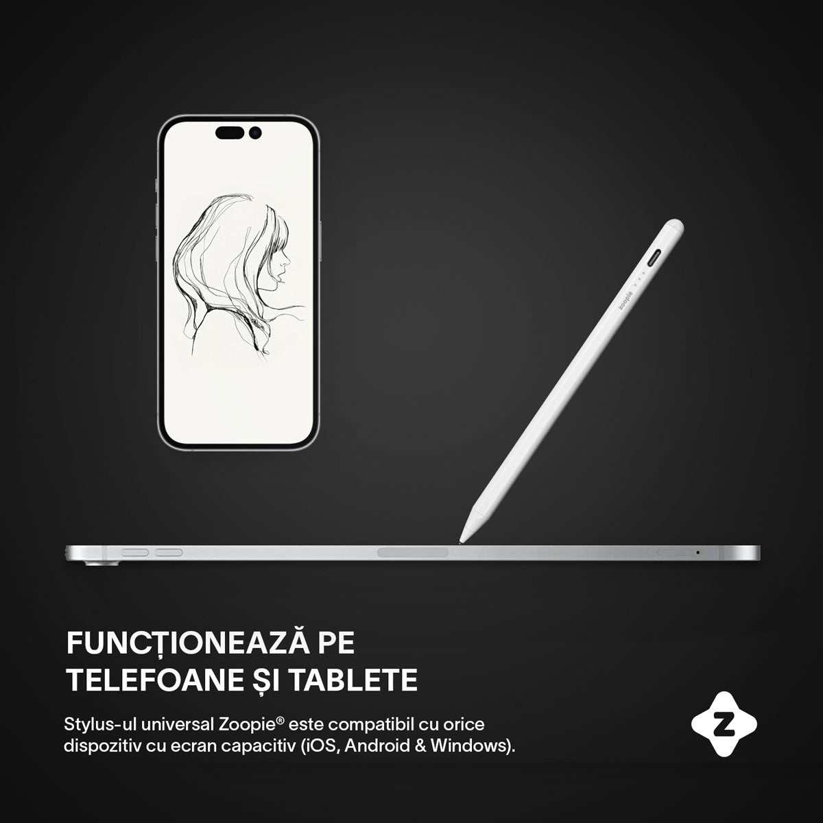 Stylus Pen Universal, Zoopie®, pentru tableta iPad 2010-2017, Android, Windows, Telefon, Varf Cupru, Magnetic, USB-C, Alb