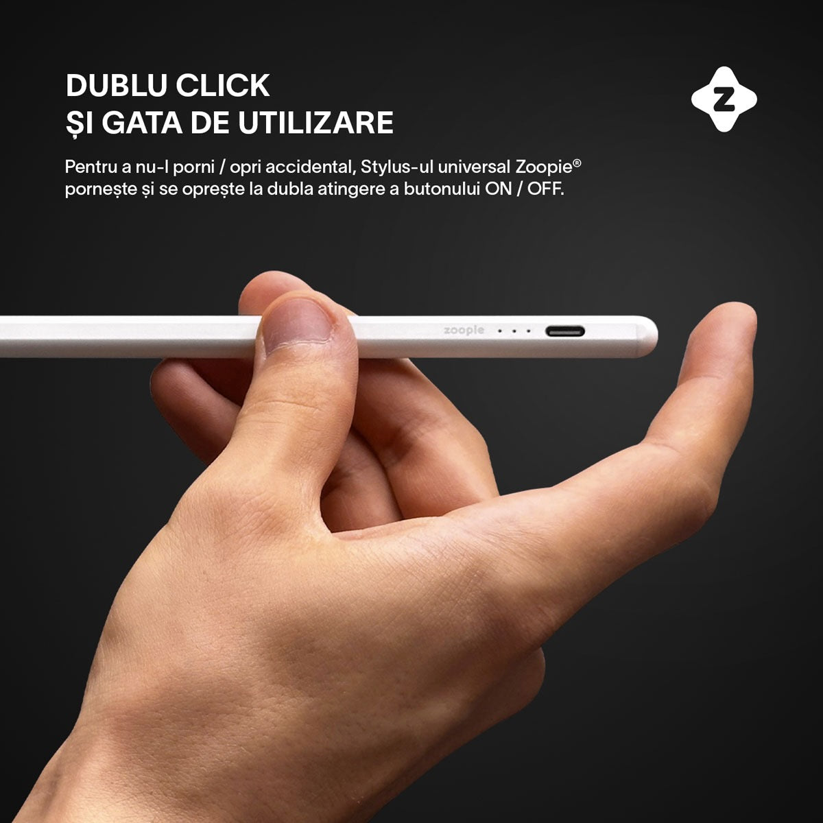 Stylus Pen Universal, Zoopie®, pentru tableta iPad 2010-2017, Android, Windows, Telefon, Varf Cupru, Magnetic, USB-C, Alb