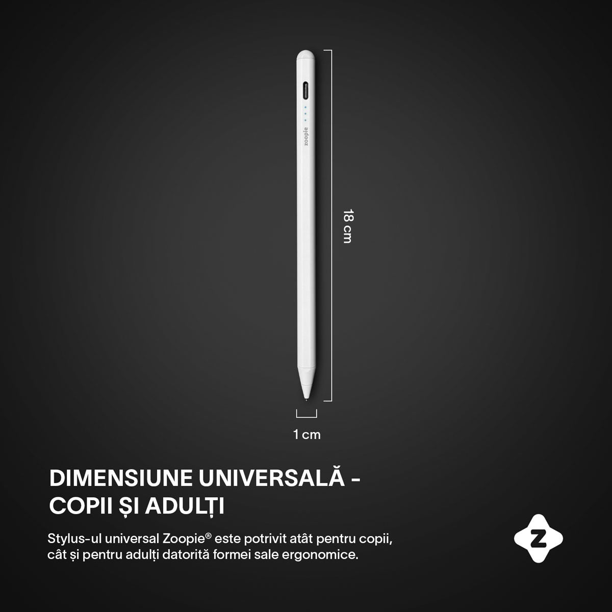 Stylus Pen Universal, Zoopie®, pentru tableta iPad 2010-2017, Android, Windows, Telefon, Varf Cupru, Magnetic, USB-C, Alb