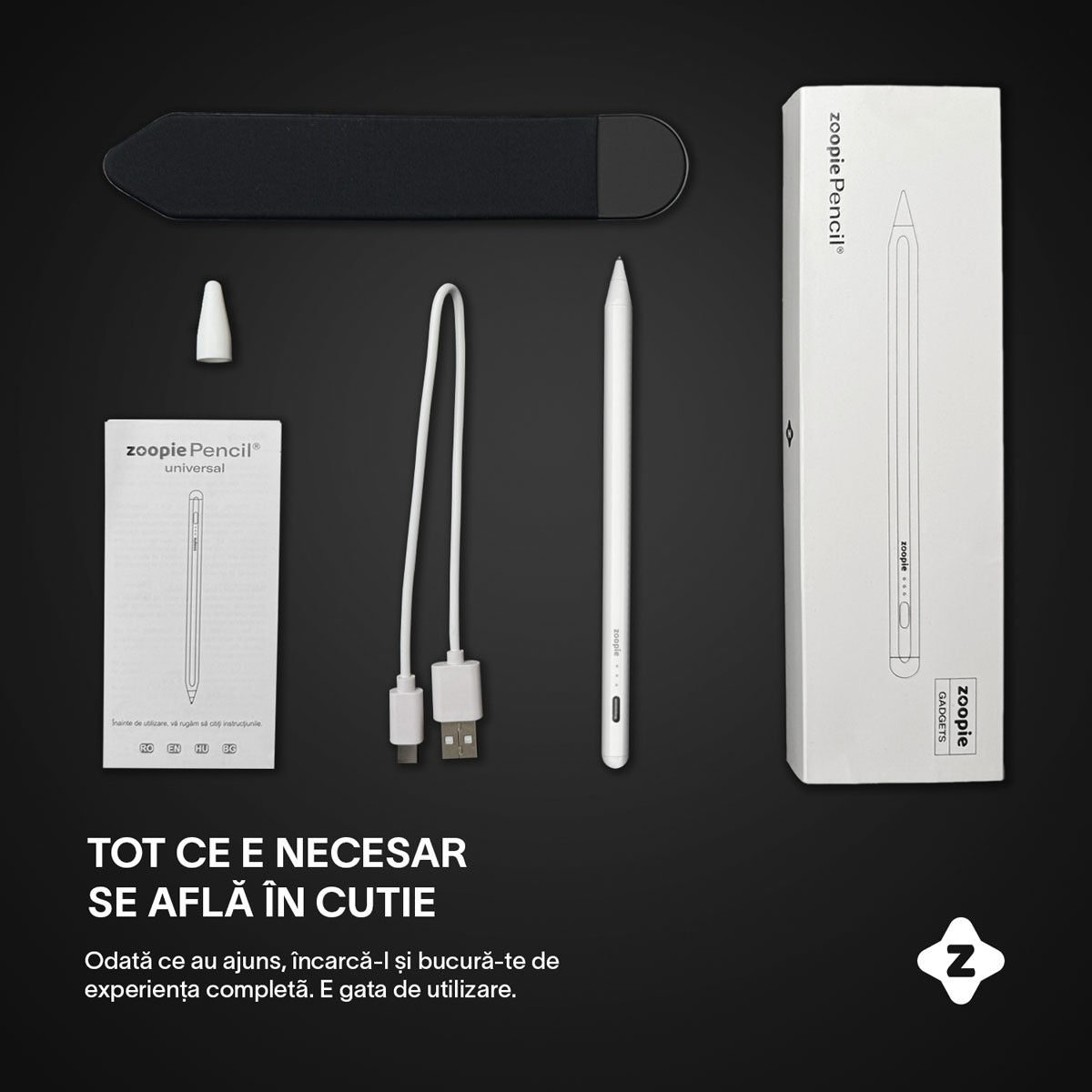 Stylus Pen Universal, Zoopie®, pentru tableta iPad 2010-2017, Android, Windows, Telefon, Varf Cupru, Magnetic, USB-C, Alb