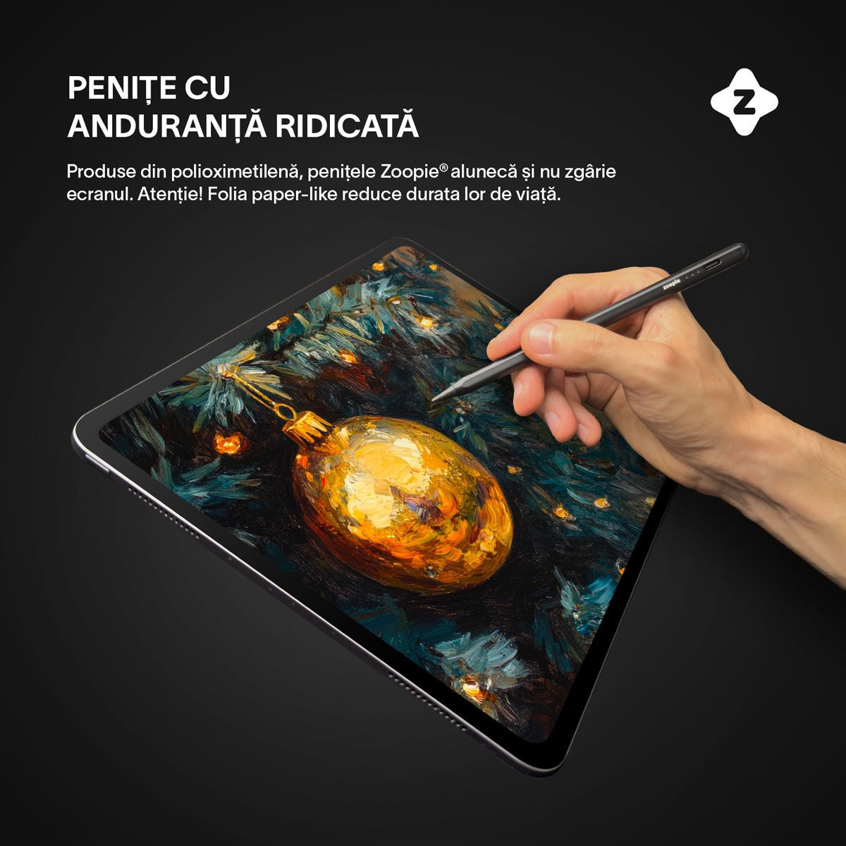 Stylus iPad Pen, Zoopie®, Pix pentru tableta iPad Apple 2018-2026, Profesional, Penite anti-zgarieturi, functie Palm Rejection, Tilt, Lag-Free, Magnetic, USB-C, Negru