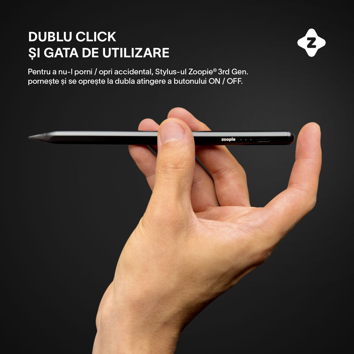 Stylus iPad Pen, Zoopie®, Pix pentru tableta iPad Apple 2018-2026, Profesional, Penite anti-zgarieturi, functie Palm Rejection, Tilt, Lag-Free, Magnetic, USB-C, Negru