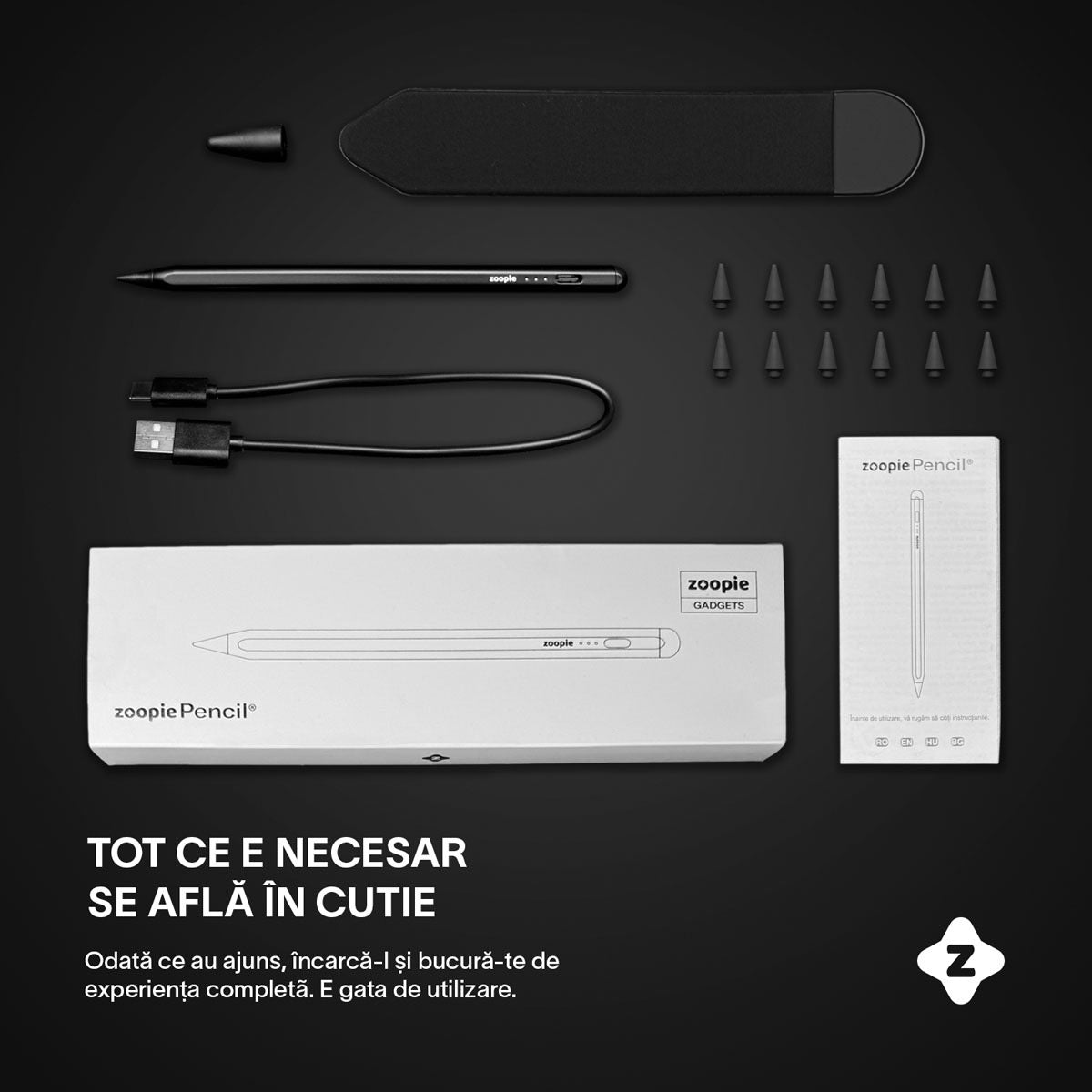 Stylus iPad Pen, Zoopie®, Pix pentru tableta iPad Apple 2018-2026, Profesional, Penite anti-zgarieturi, functie Palm Rejection, Tilt, Lag-Free, Magnetic, USB-C, Negru