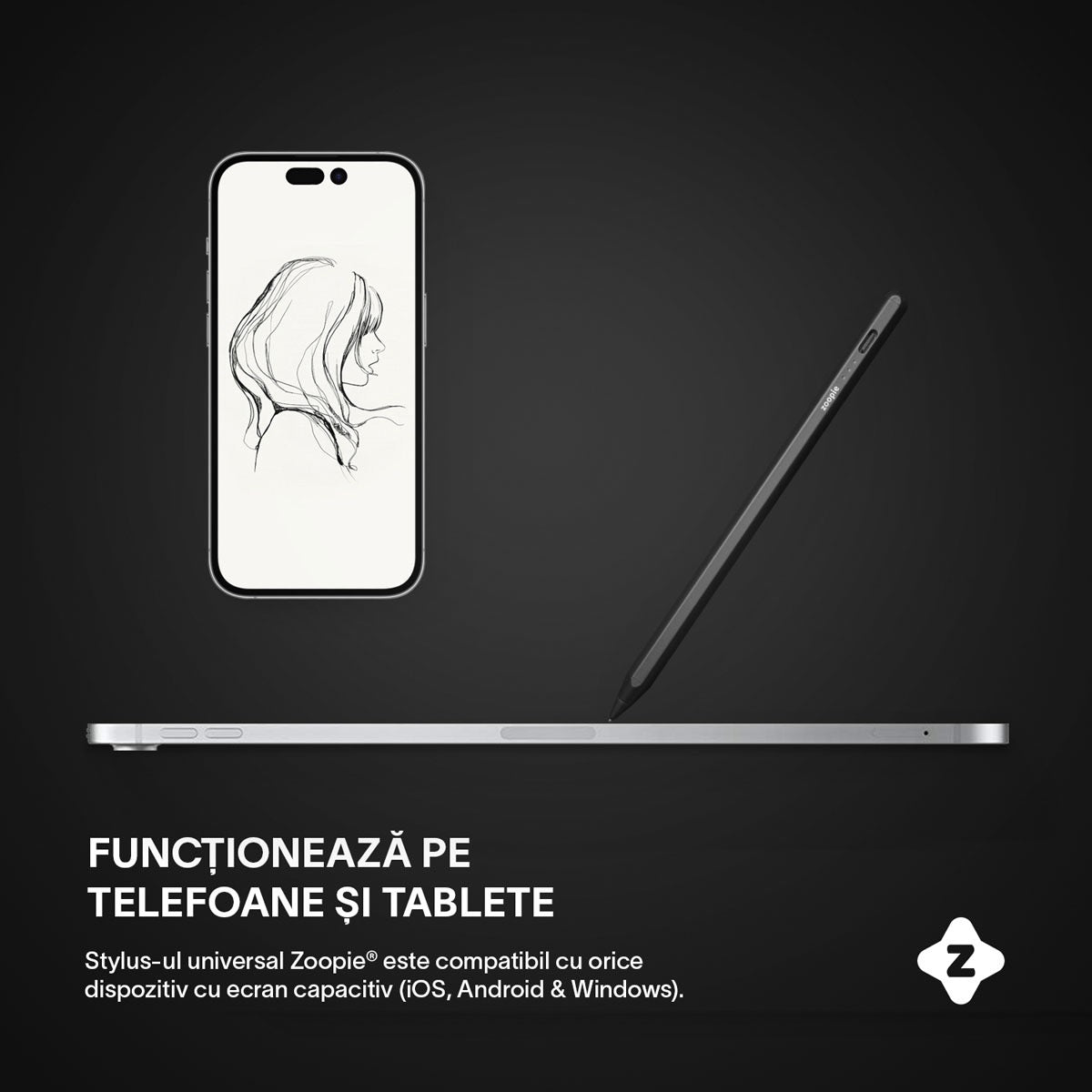 Stylus Pen Universal, Zoopie®, pentru Telefon, tableta iPad 2010-2017, Android, Windows, Varf Cupru, Magnetic, USB-C, Negru