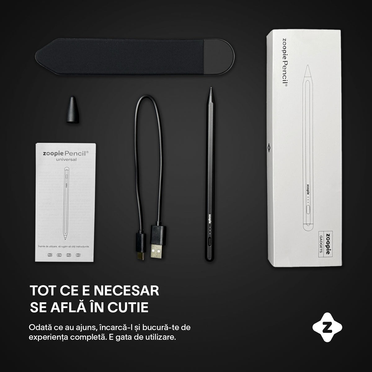 Stylus Pen Universal, Zoopie®, pentru Telefon, tableta iPad 2010-2017, Android, Windows, Varf Cupru, Magnetic, USB-C, Negru