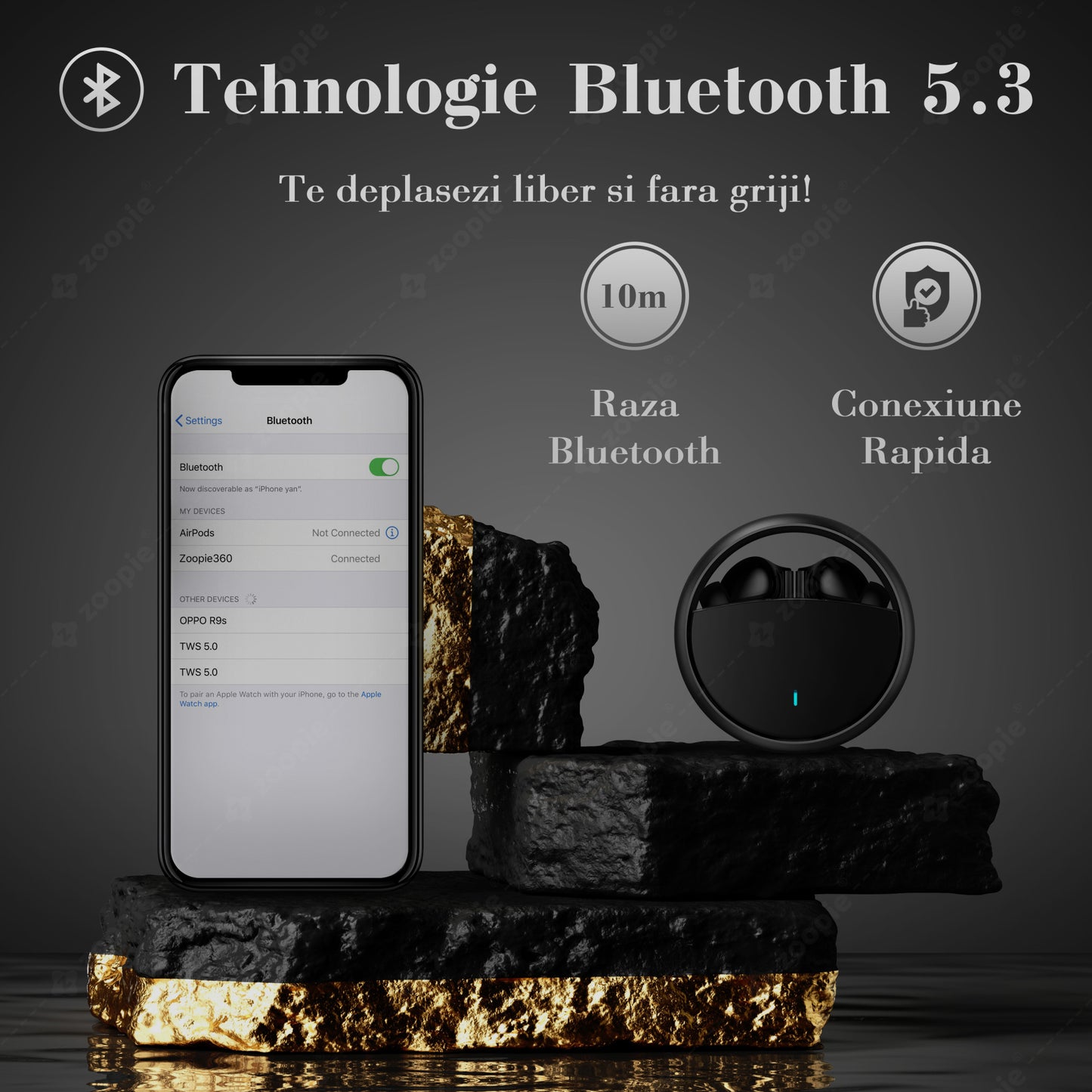 Casti bluetooth, Zoopie®360, Wireless, Fara Fir, Casti audio in ear, True wireless, Cu microfon, Low latency, Bluetooth 5.3, Black Matt