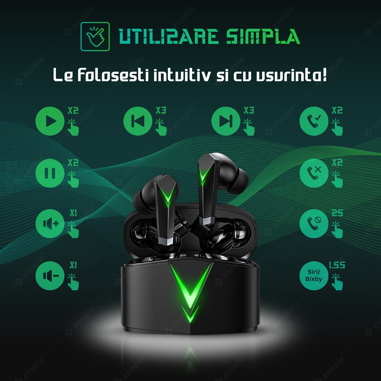 Casti gaming telefon, Zoopie®SHARP, Wireless Fara Fir, Bluetooth 5.3, In-Ear, Earbuds cu Microfon, True Wireless Pro, Low Latency mobile gaming (fara Lag), Negru / Verde