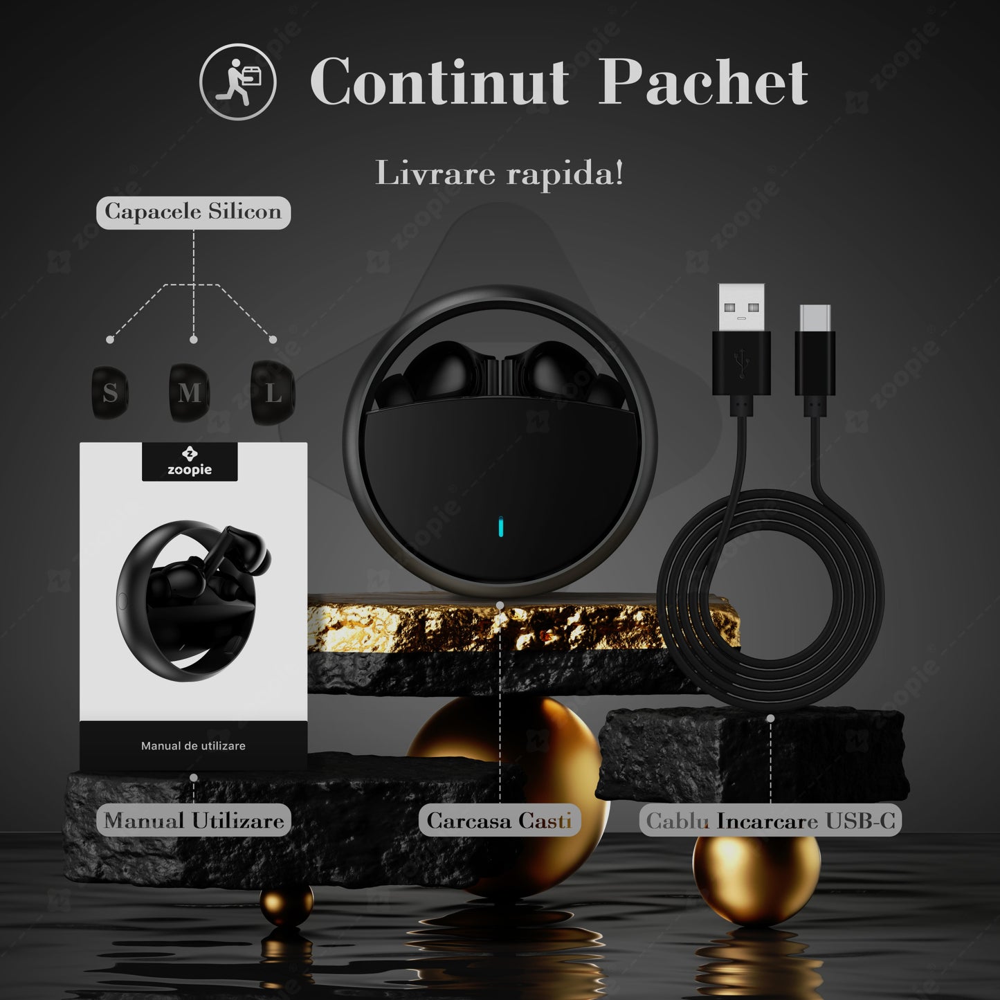 Casti bluetooth, Zoopie®360, Wireless, Fara Fir negru continut pachet