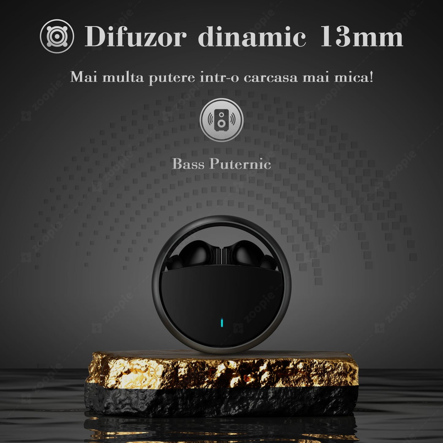 Casti bluetooth, Zoopie®360, Wireless, Fara Fir, Casti audio in ear, True wireless, Cu microfon, Low latency, Bluetooth 5.3, Black Matt