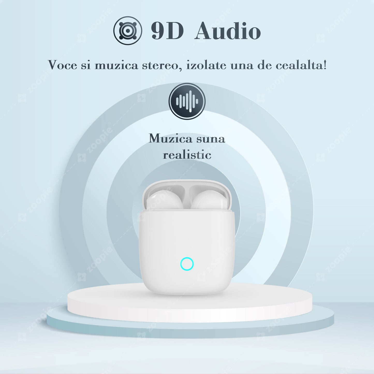 Casti Wireless Bluetooth, Zoopie®DISC, Fara fir, Casti audio in ear, True wireless, Cu microfon, Earbuds cu control touch, Bluetooth 5.1, LED RGB, Alb mat