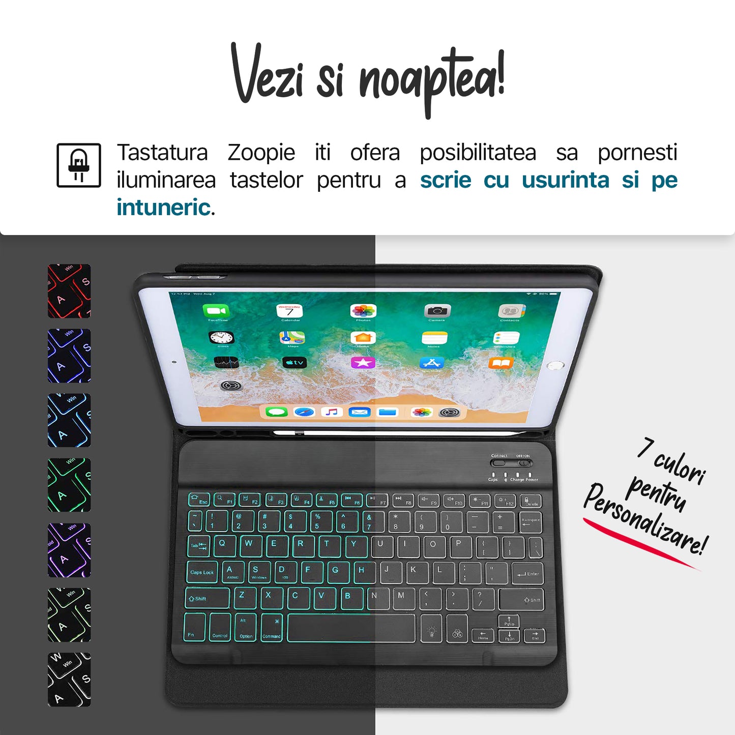 Husa cu Tastatura, Zoopie®, compatibila cu Apple iPad Pro 12.9" 5th Gen 2021 / 4th Gen 2020 / 3rd Gen 2018, Wireless, Bluetooth, Iluminata LED, Carcasa protectie, Negru