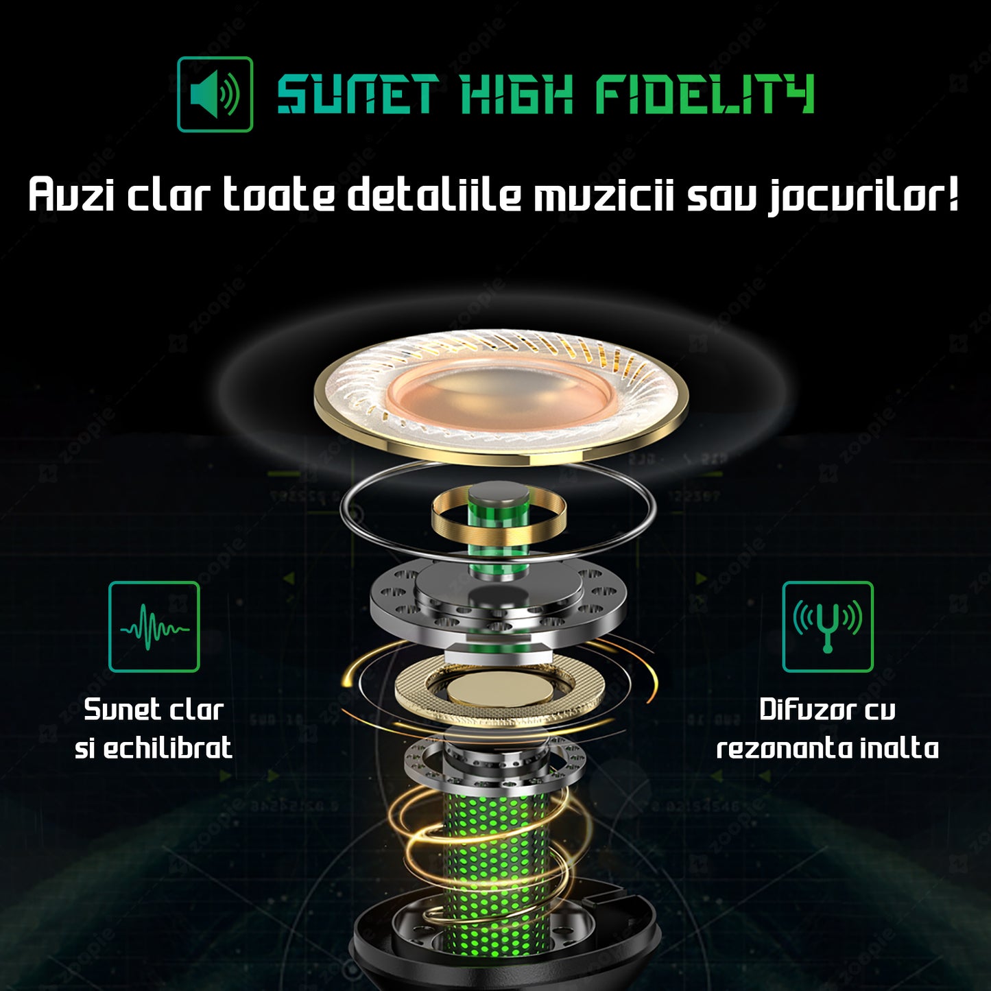 Casti gaming telefon, Zoopie®SHARP, Wireless Fara Fir, Bluetooth 5.3, In-Ear, Earbuds cu Microfon, True Wireless Pro, Low Latency mobile gaming (fara Lag), Negru / Verde
