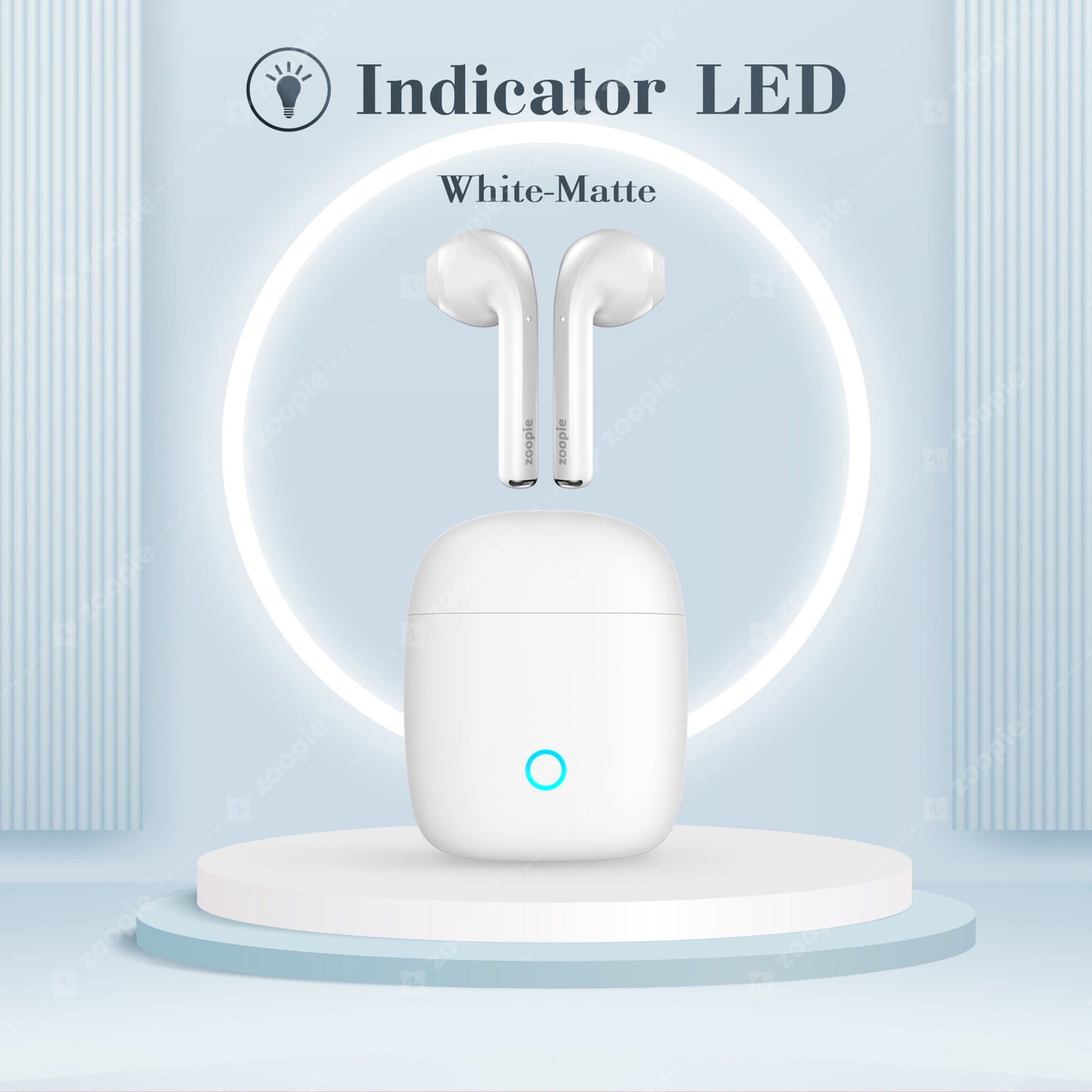 Casti Wireless Bluetooth, Zoopie®DISC, Fara fir, Casti audio in ear, True wireless, Cu microfon, Earbuds cu control touch, Bluetooth 5.1, LED RGB, Alb mat