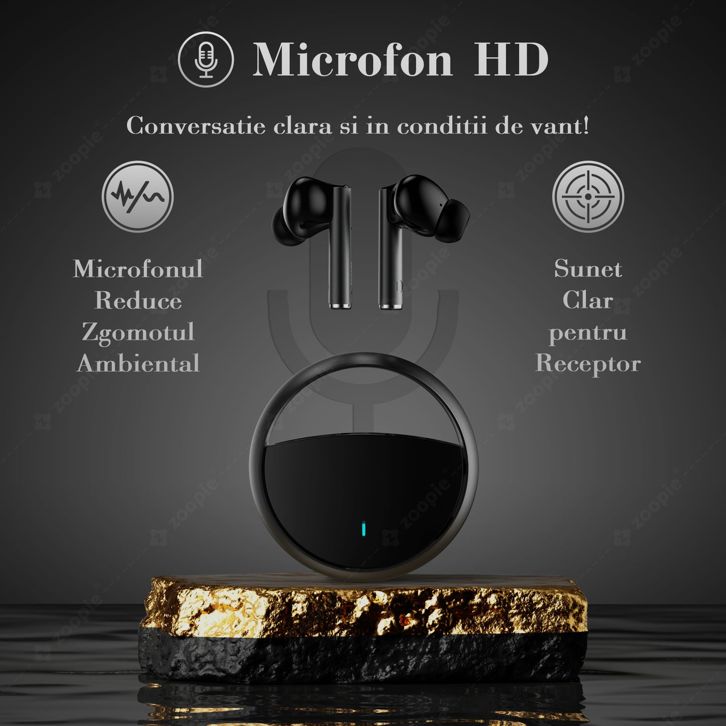 Casti bluetooth, Zoopie®360, Wireless, Fara Fir, Casti audio in ear, True wireless, Cu microfon, Low latency, Bluetooth 5.3, Black Matt