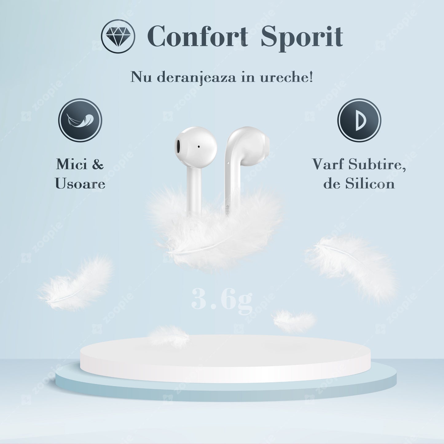 Casti Wireless Bluetooth, Zoopie®DISC, Fara fir, Casti audio in ear, True wireless, Cu microfon, Earbuds cu control touch, Bluetooth 5.1, LED RGB, Alb mat
