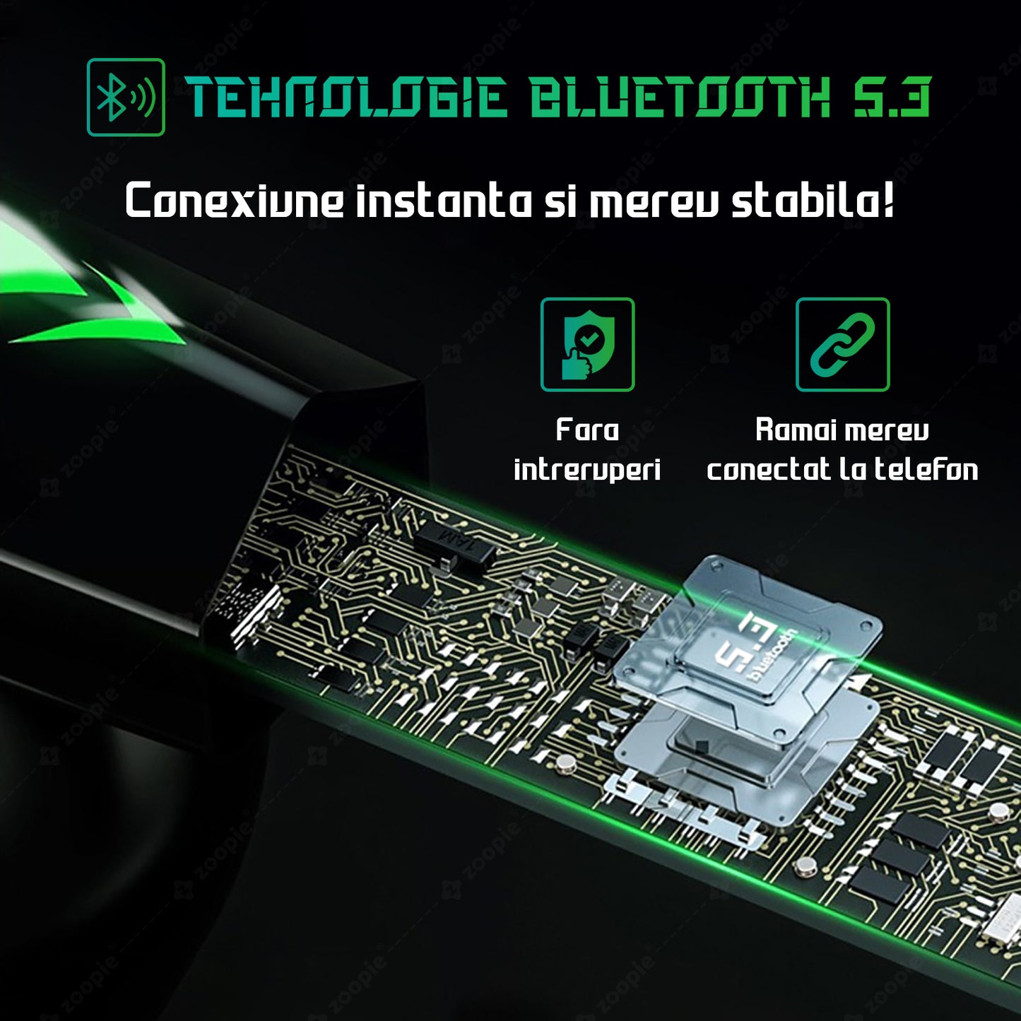 Casti gaming telefon, Zoopie®SHARP, Wireless Fara Fir, Bluetooth 5.3, In-Ear, Earbuds cu Microfon, True Wireless Pro, Low Latency mobile gaming (fara Lag), Negru / Verde