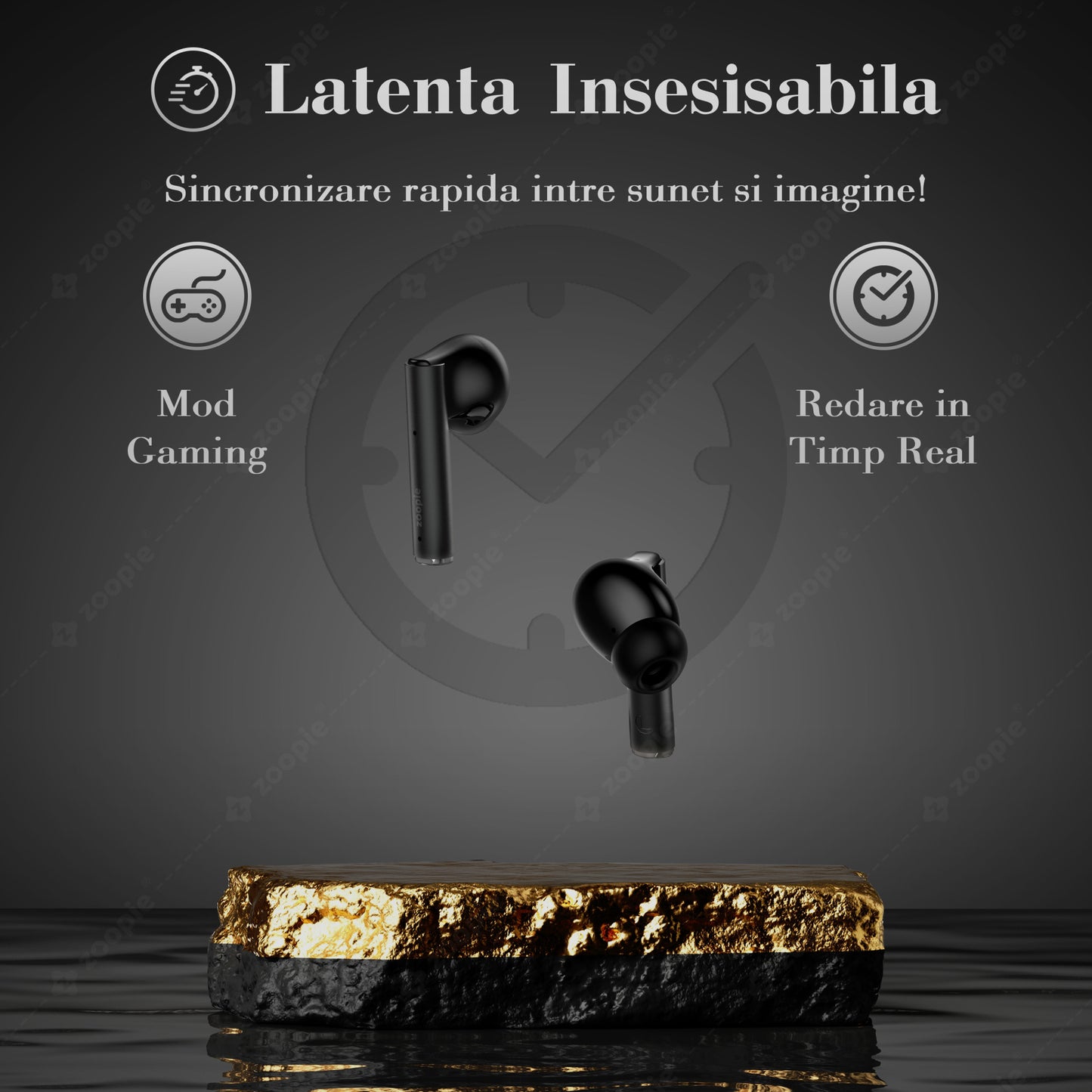 Casti bluetooth, Zoopie®360, Wireless, Fara Fir, Casti audio in ear, True wireless, Cu microfon, Low latency, Bluetooth 5.3, Black Matt