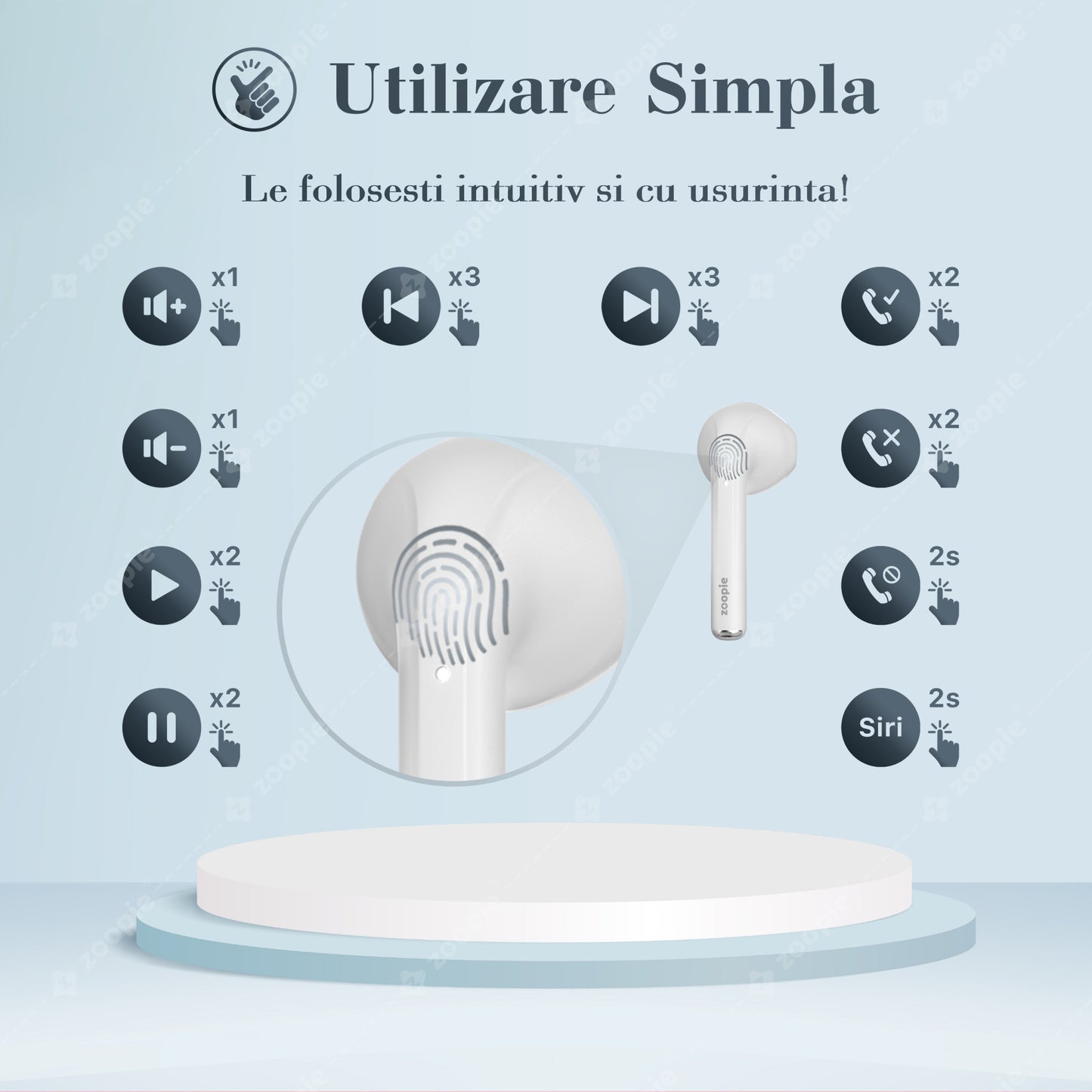 Casti Wireless Bluetooth, Zoopie®DISC, Fara fir, Casti audio in ear, True wireless, Cu microfon, Earbuds cu control touch, Bluetooth 5.1, LED RGB, Alb mat