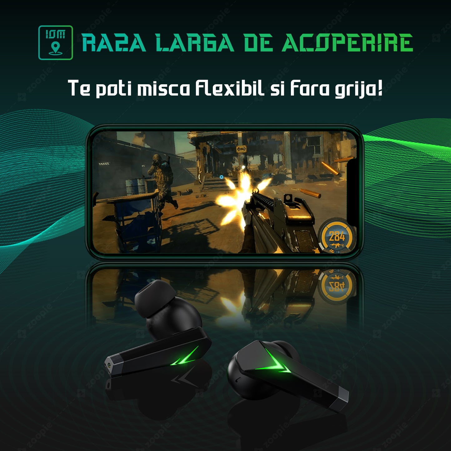 Casti gaming telefon, Zoopie®SHARP, Wireless Fara Fir, Bluetooth 5.3, In-Ear, Earbuds cu Microfon, True Wireless Pro, Low Latency mobile gaming (fara Lag), Negru / Verde