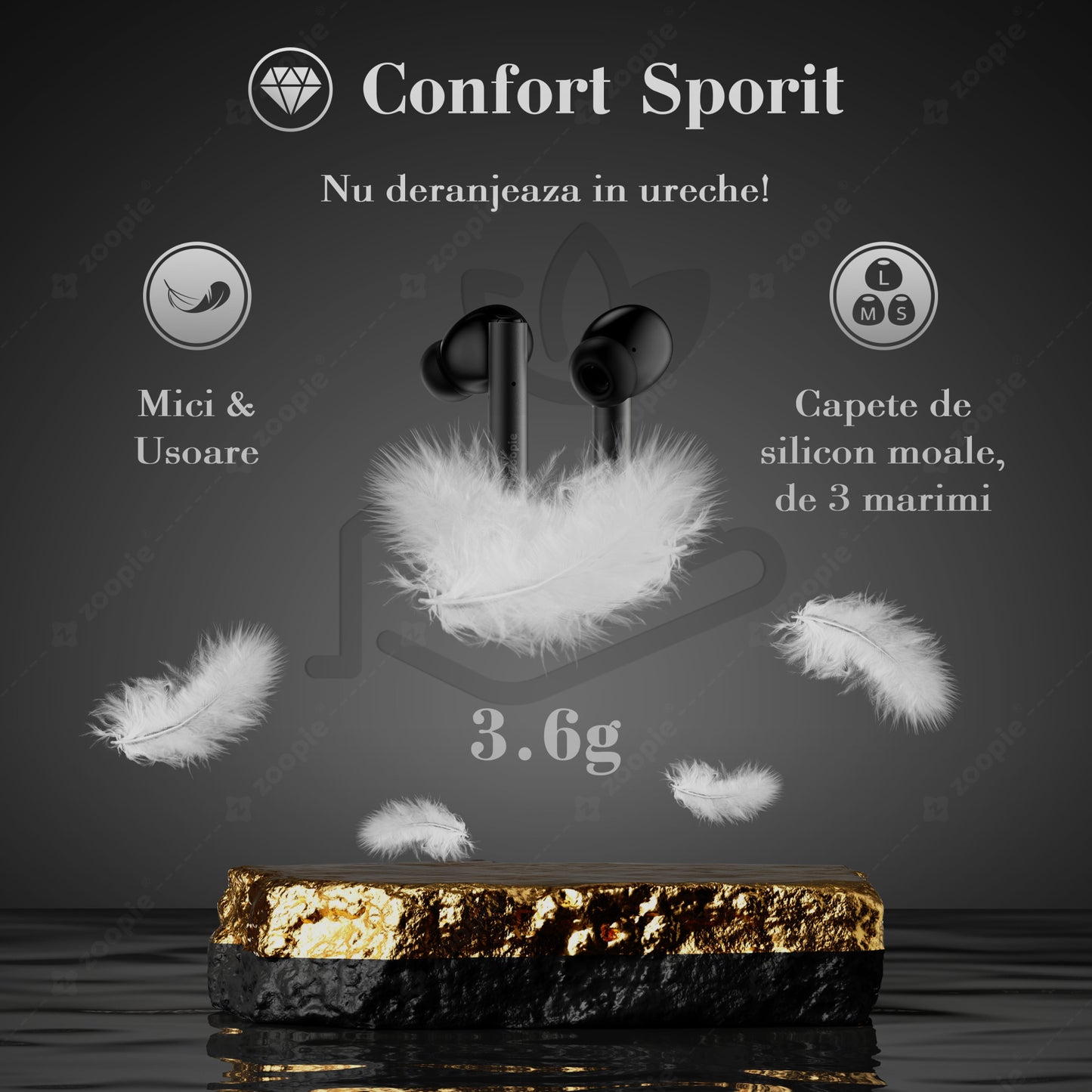 Casti bluetooth, Zoopie®360, Wireless, Fara Fir, Casti audio in ear, True wireless, Cu microfon, Low latency, Bluetooth 5.3, Black Matt