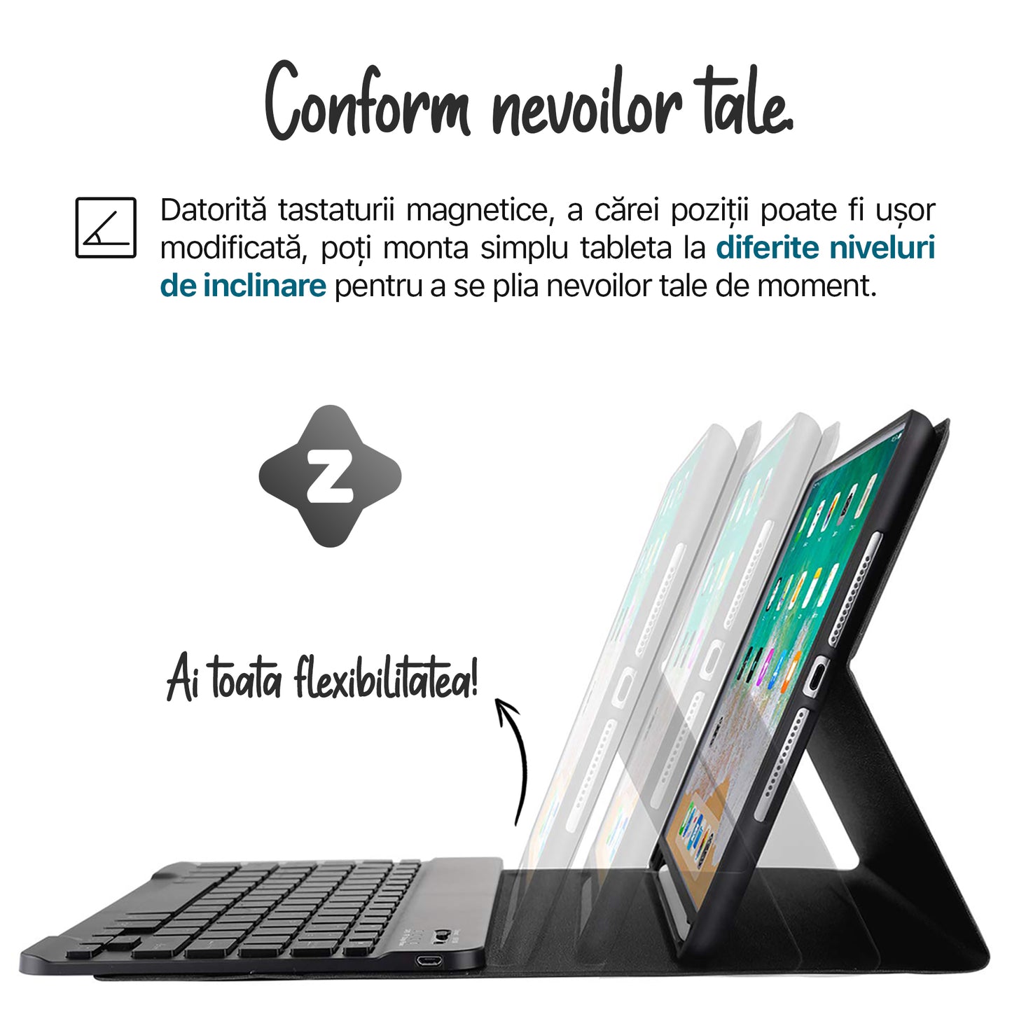 Husa cu Tastatura, Zoopie®, compatibila cu Apple iPad Pro 12.9" 5th Gen 2021 / 4th Gen 2020 / 3rd Gen 2018, Wireless, Bluetooth, Iluminata LED, Carcasa protectie, Negru