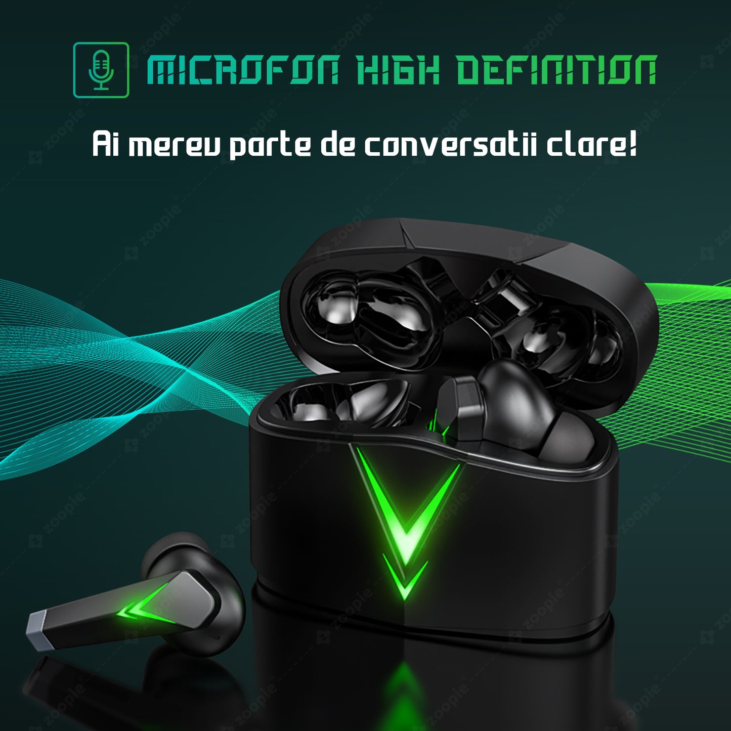 Casti gaming telefon, Zoopie®SHARP, Wireless Fara Fir, Bluetooth 5.3, In-Ear, Earbuds cu Microfon, True Wireless Pro, Low Latency mobile gaming (fara Lag), Negru / Verde