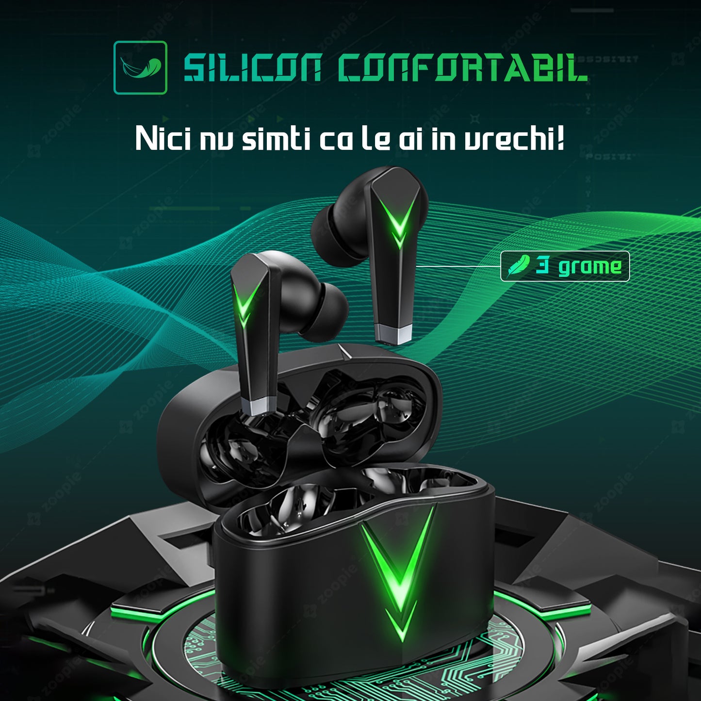 Casti gaming telefon, Zoopie®SHARP, Wireless Fara Fir, Bluetooth 5.3, In-Ear, Earbuds cu Microfon, True Wireless Pro, Low Latency mobile gaming (fara Lag), Negru / Verde