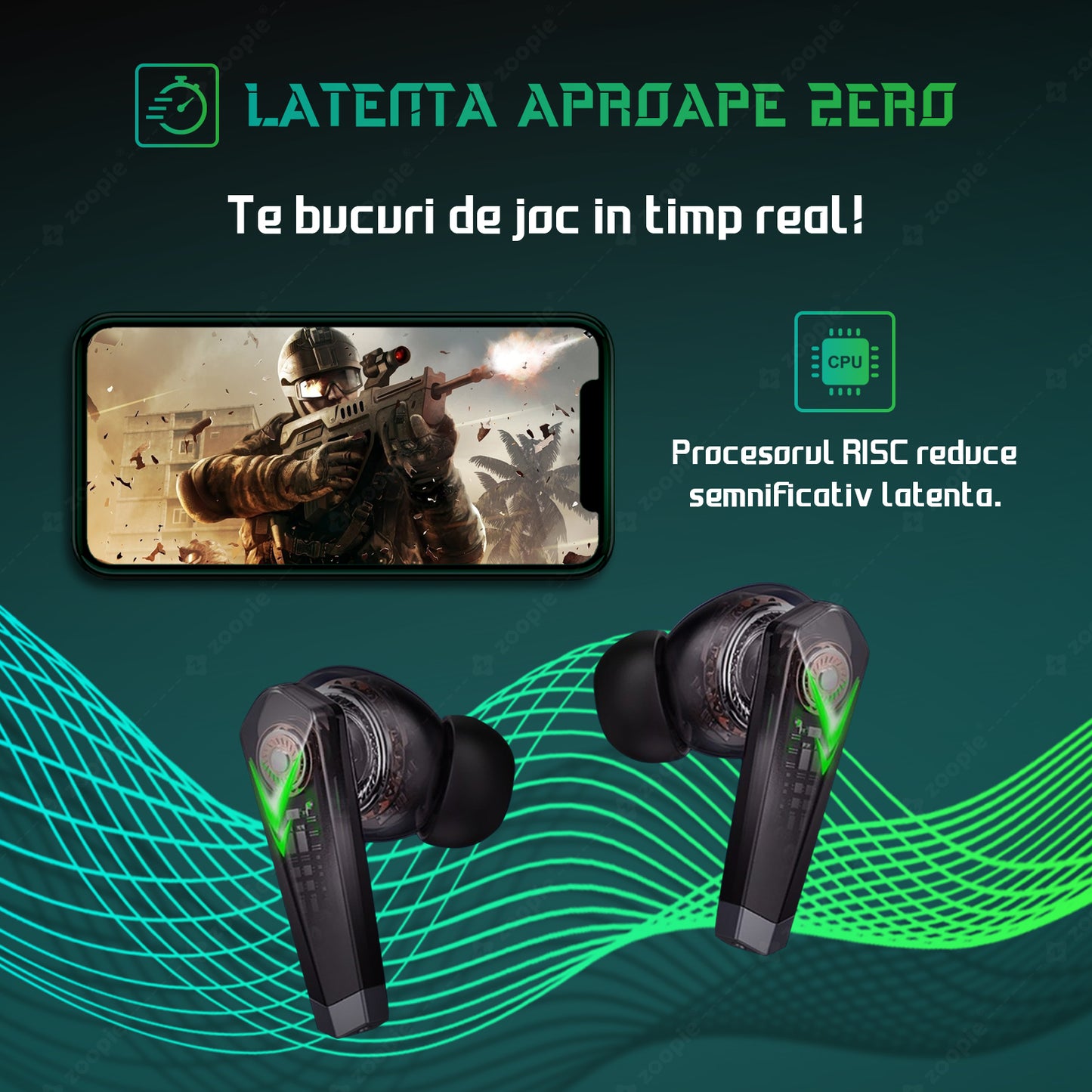 Casti gaming telefon, Zoopie®SHARP, Wireless Fara Fir, Bluetooth 5.3, In-Ear, Earbuds cu Microfon, True Wireless Pro, Low Latency mobile gaming (fara Lag), Negru / Verde