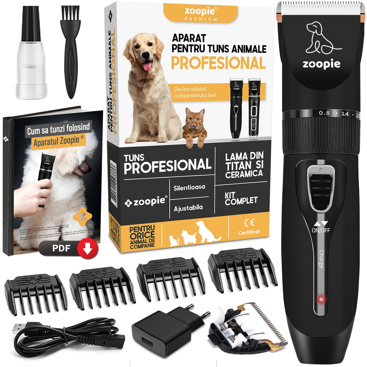 Masina de tuns animale, caini, pisici, Aparat de tuns, Zoopie®, Lama ceramica de rezerva, Acumulator reincarcabil, Adaptor priza, Silentioasa, Trimmer fara fir, Ghid, Neagra