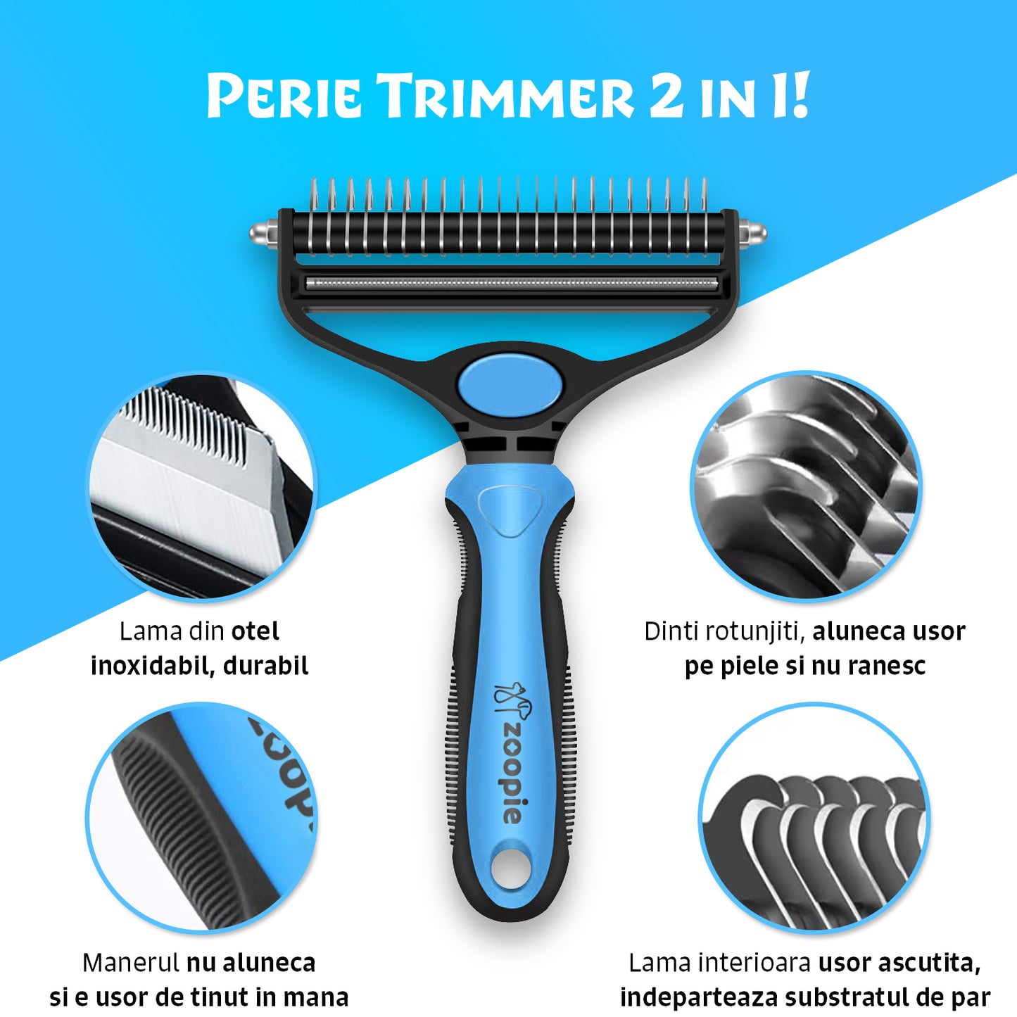 Perie par Caini, Pisici, Animale, Zoopie®, Tesala si Perie trimmer 2 in 1, Anti-naparlire, Descalcire blana, pentru tuns par scurt si lung, L