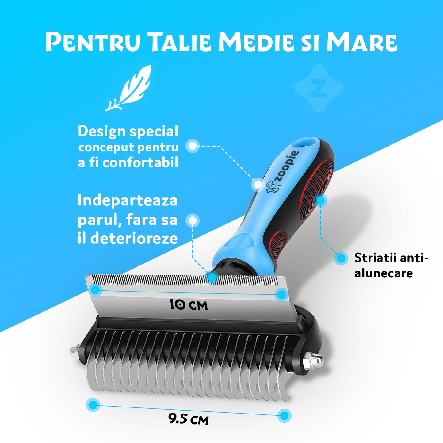Perie par Caini, Pisici, Animale, Zoopie®, Tesala si Perie trimmer 2 in 1, Anti-naparlire, Descalcire blana, pentru tuns par scurt si lung, L