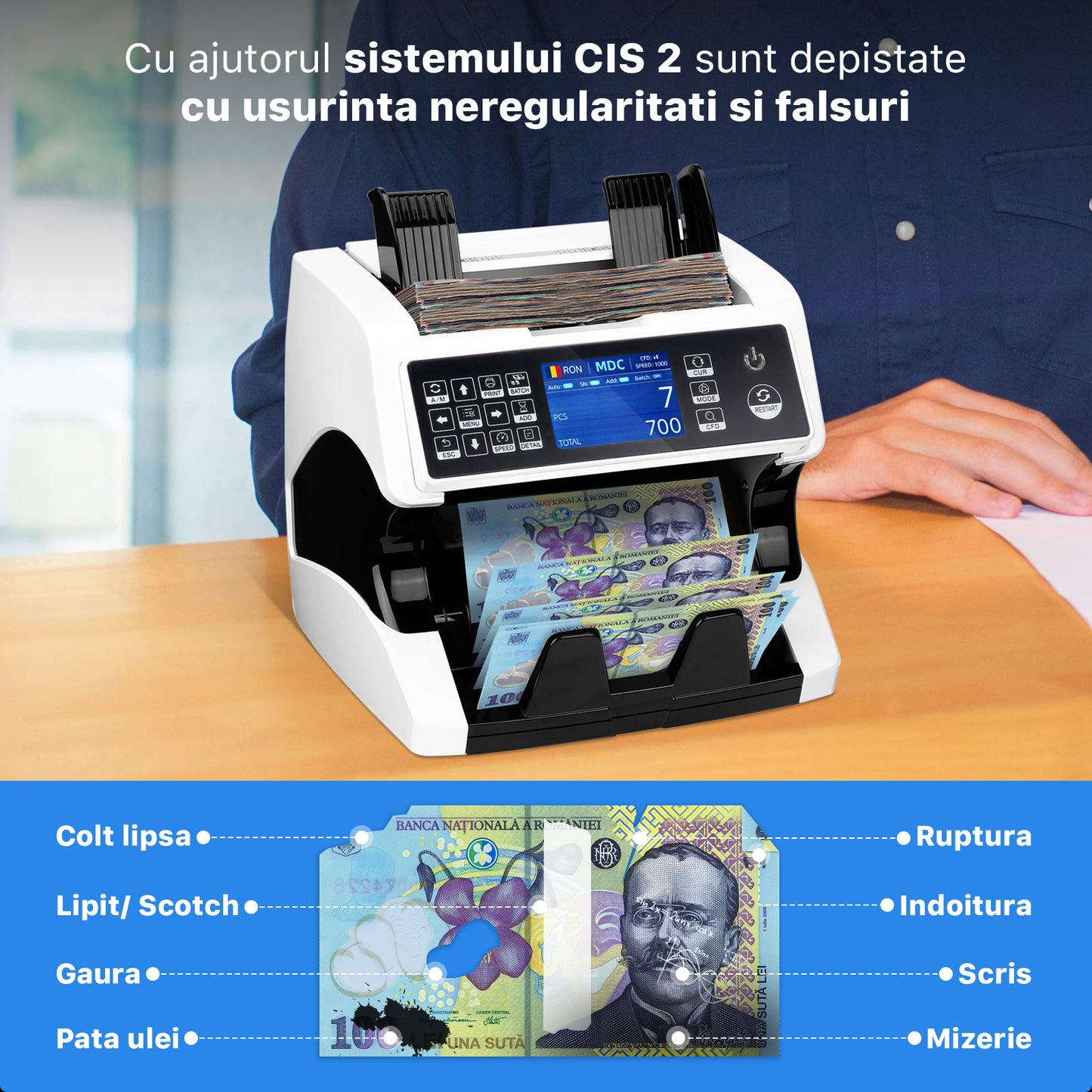 Masina de numarat bani, Zoopie®, Numarare cantitativa si valorica, Profesional, 18 valute, Detectare falsuri prin CIS, IR, UV, MG, MT, Display extern inclus