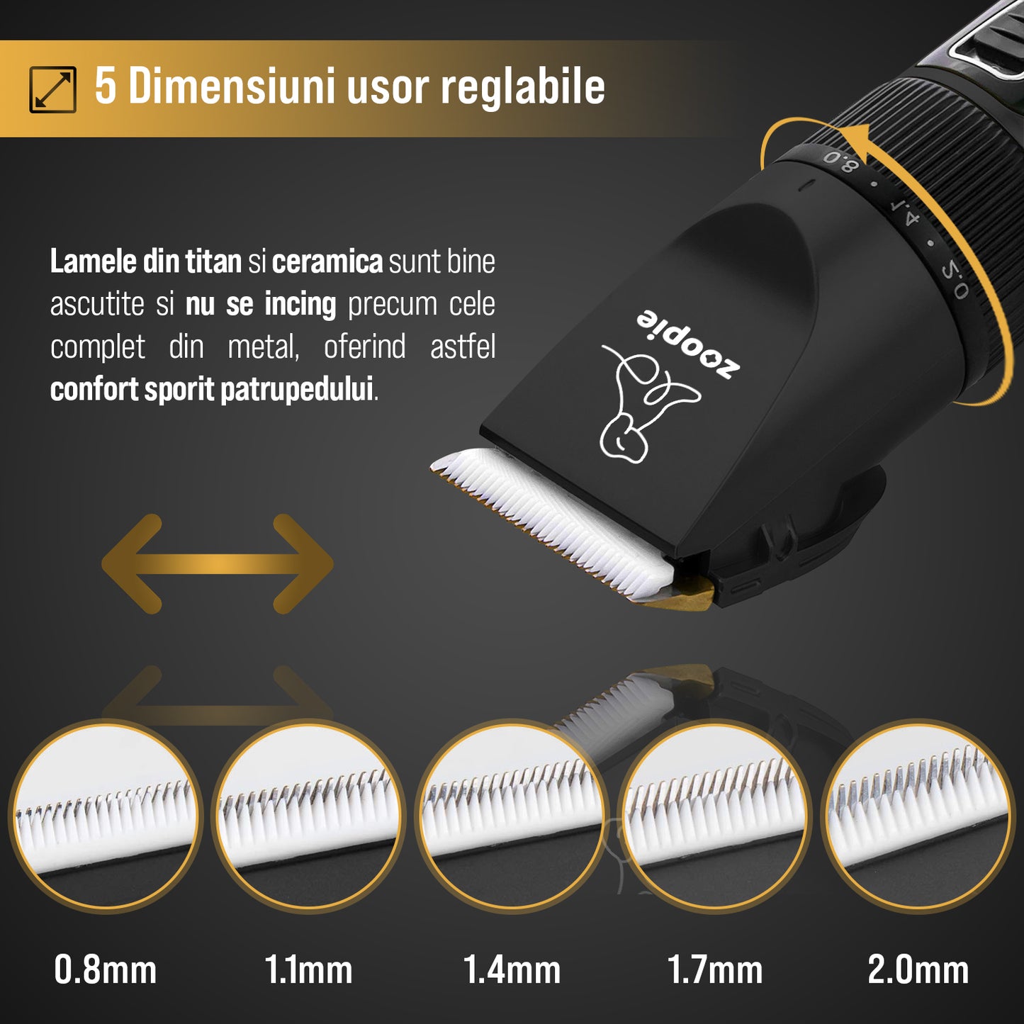 Masina de tuns animale, caini, pisici, Aparat de tuns, Zoopie®, Lama ceramica de rezerva, Acumulator reincarcabil, Adaptor priza, Silentioasa, Trimmer fara fir, Ghid, Neagra