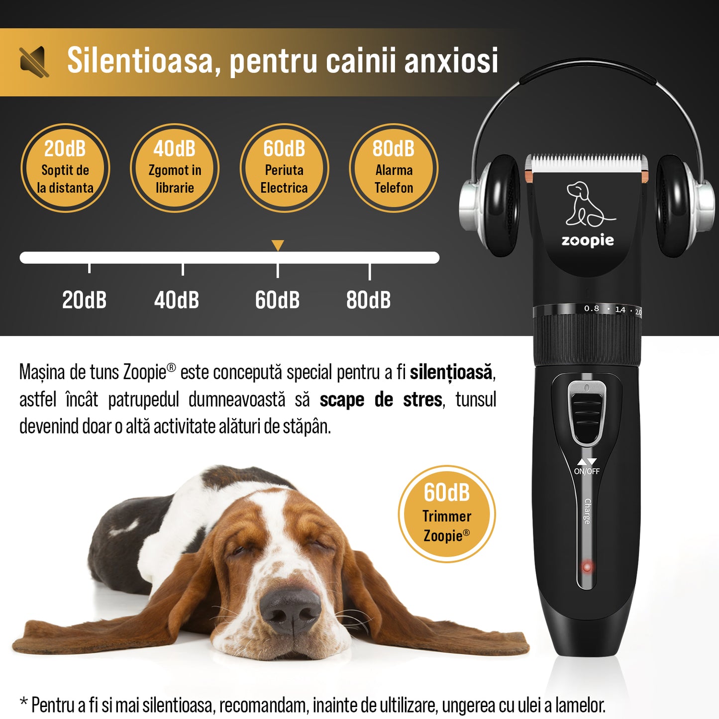 Masina de tuns animale, caini, pisici, Aparat de tuns, Zoopie®, Lama ceramica de rezerva, Acumulator reincarcabil, Adaptor priza, Silentioasa, Trimmer fara fir, Ghid, Neagra