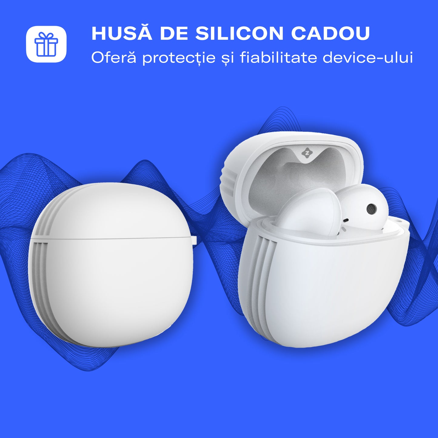 Casti wireless bluetooth, Zoopie®KLAR, audio, in ear, fara fir, sport, cu microfon, control touch, asistent vocal, universale, Bluetooth 5.3, Husa silicon, alb
