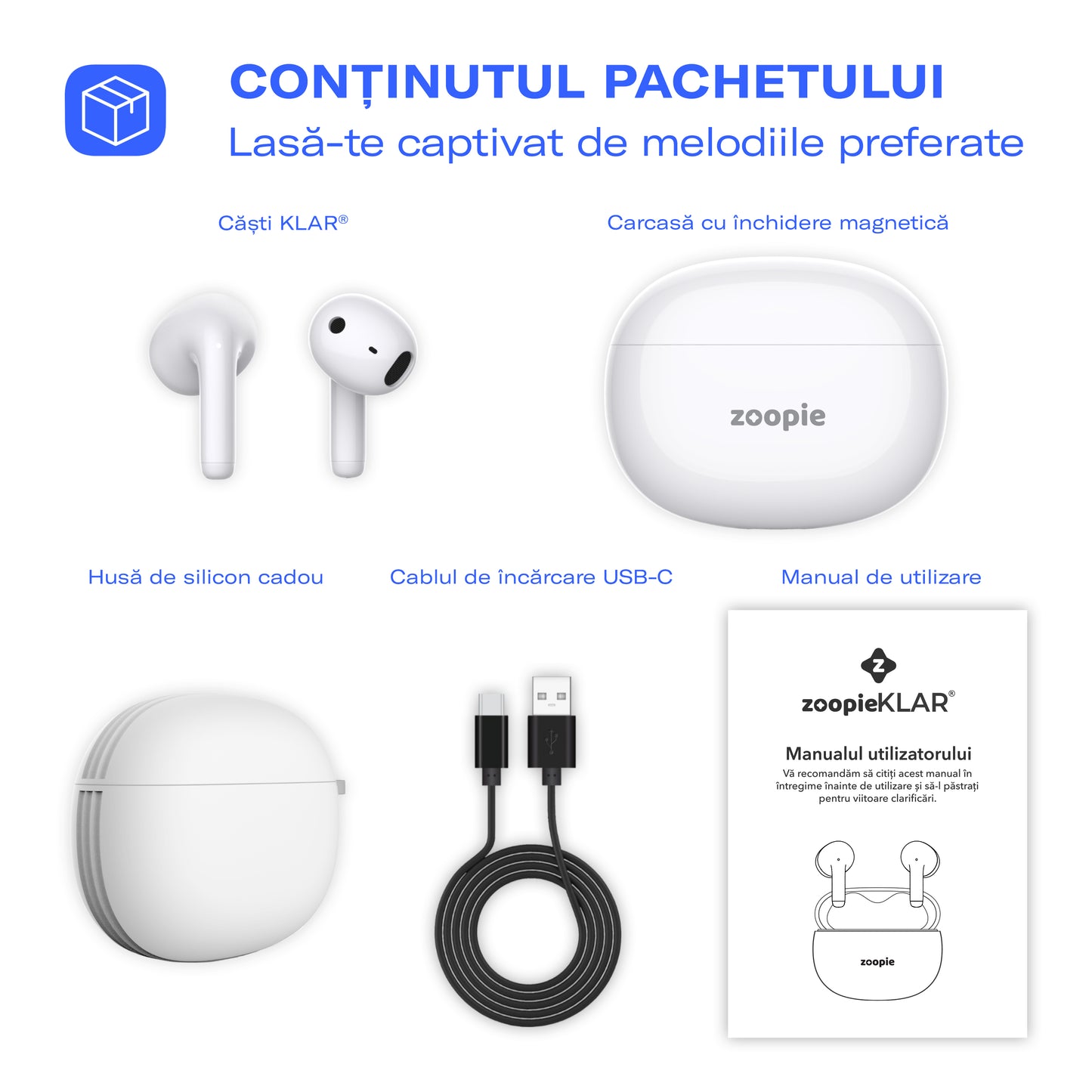 Casti wireless bluetooth, Zoopie®KLAR, audio, in ear, fara fir, sport, cu microfon, control touch, asistent vocal, universale, Bluetooth 5.3, Husa silicon, alb